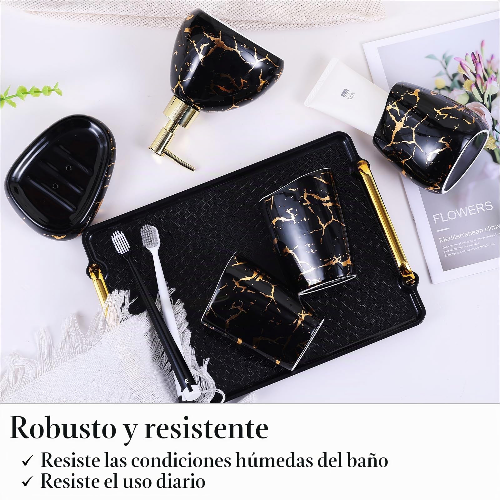 Juego de accesorios de baño negro, decoración de baño con aspecto de mármol dorado, juego moderno de 6 accesorios de baño, completo con dispensador de jabón, soporte para cepillo de dientes,