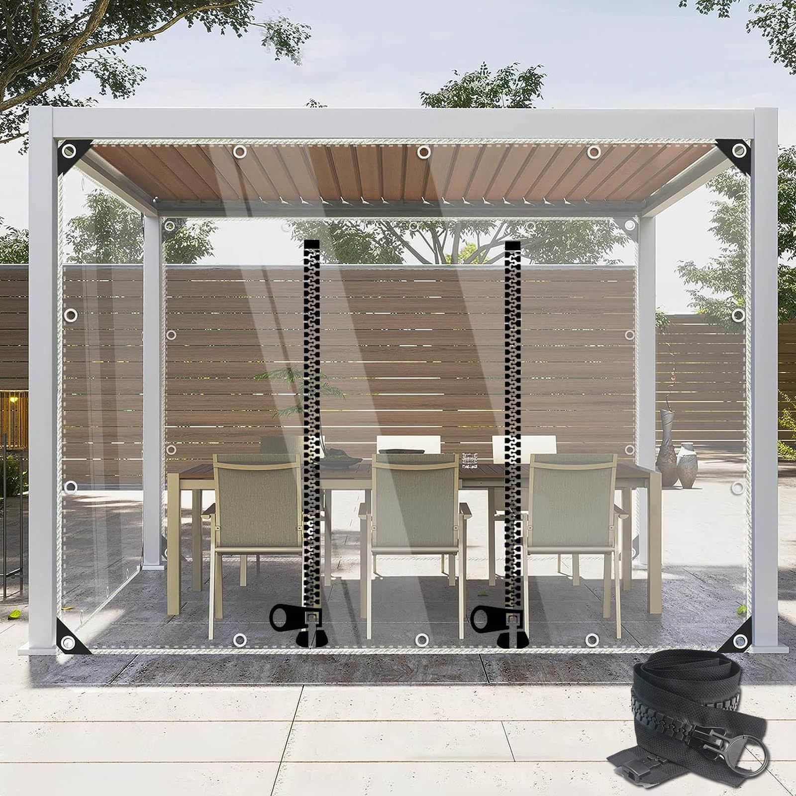 Clear Waterproof Tarp with Zip Door 0.3mm Thick Heavy Duty PVC Tarpaulin (400g/㎡) Transparent Side Panels for Garden Furniture Greenhouses Pergola 4.5x3m/14.8x10.8ft Foldable Plastic Tarp