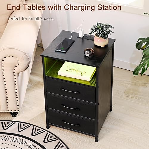 Miniatura 7 de LOAKEKEL Juego de 2 mesitas de noche negras con estación de carga, mesas auxiliares con 3 cajones de tela, mesita de noche con puerto USB tipo C y