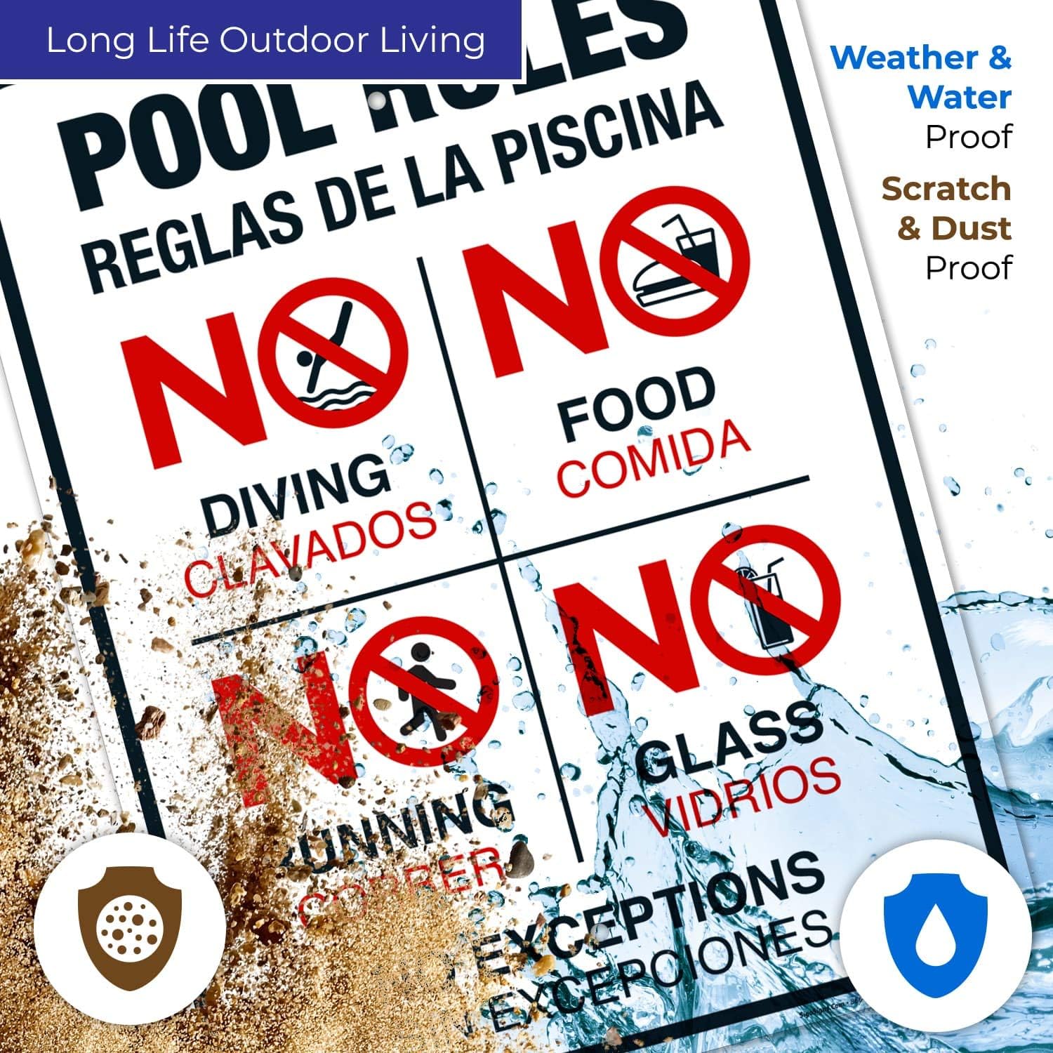 Bilingual Pool Rules Sign, No Diving No Running No Food No Glass, 18x24 Inches, Rust Free .063 Aluminum, Fade Resistant, Easy Mounting, Indoor/Outdoor Use, Made in USA