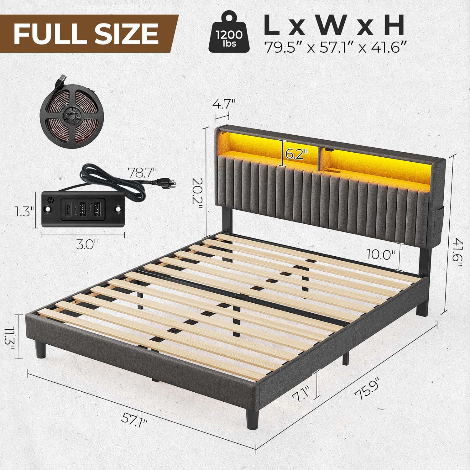 Seventable Full Size Bed Frame with LED lights active, controlled via a smartphone app