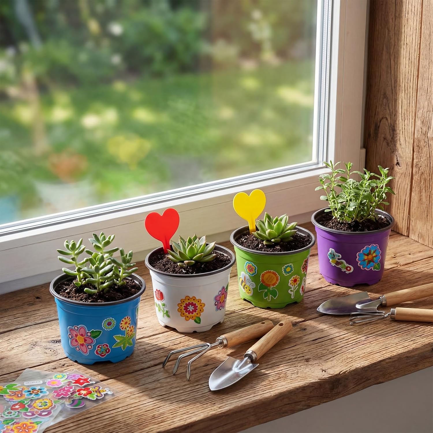 100 Sets Garden Pot Craft Kit, Flower Plant Spring Craft Including Plastic Nursery Plant Pots Labels Tags Stickers for DIY Flower Planting Growing Birthday Arts Kit (Cute)