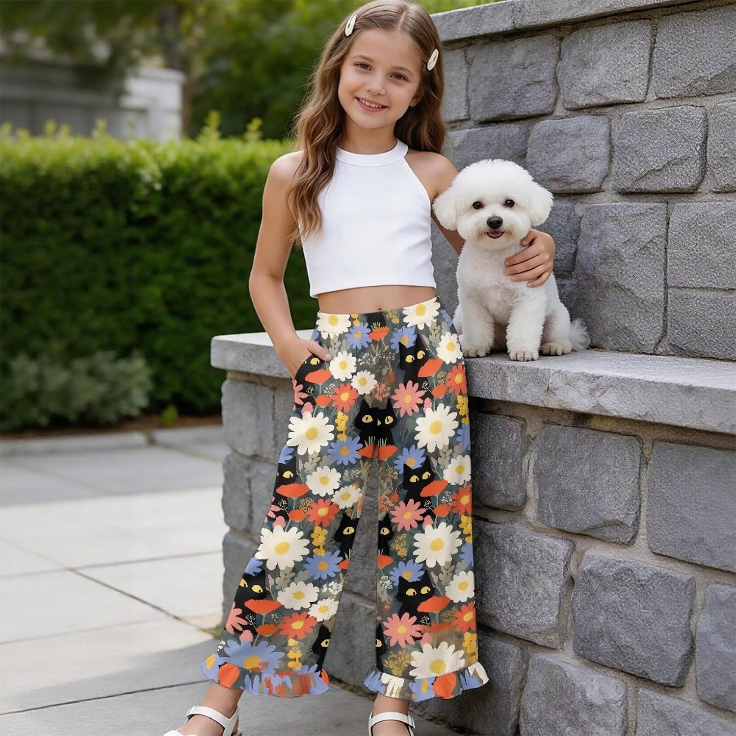 Kids Pants for Girls High Rise Casual Loose Fit Ruffle Trim Side Pockets