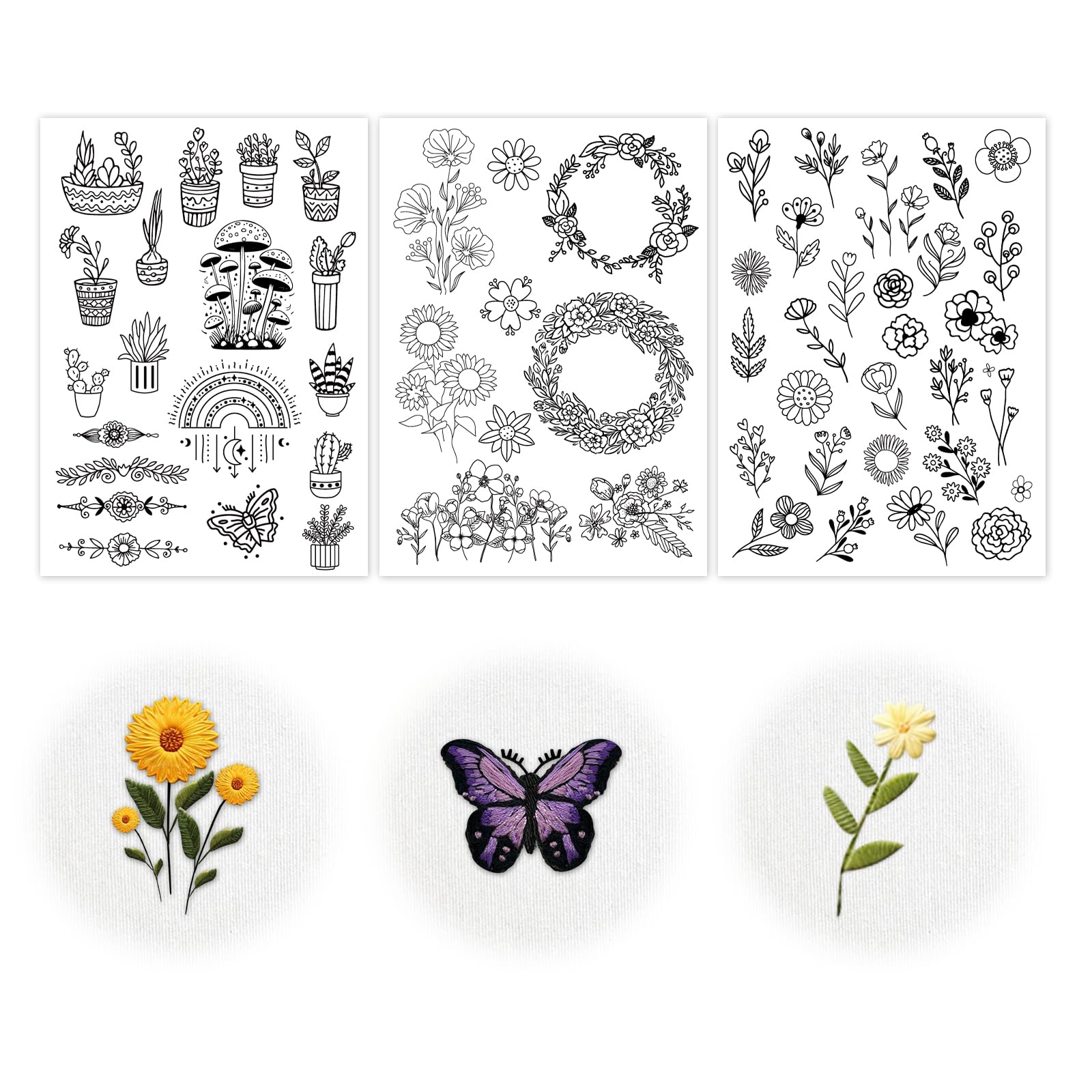 NQEUEPN 3pcs Stick and Stitch Embroidery Paper, A4 Water Soluble Stabilizer for Embroidery Wash Away Embroidery Patterns Tranfer Pre-Printed Flowers for Hand Sewing Beginners Gifts