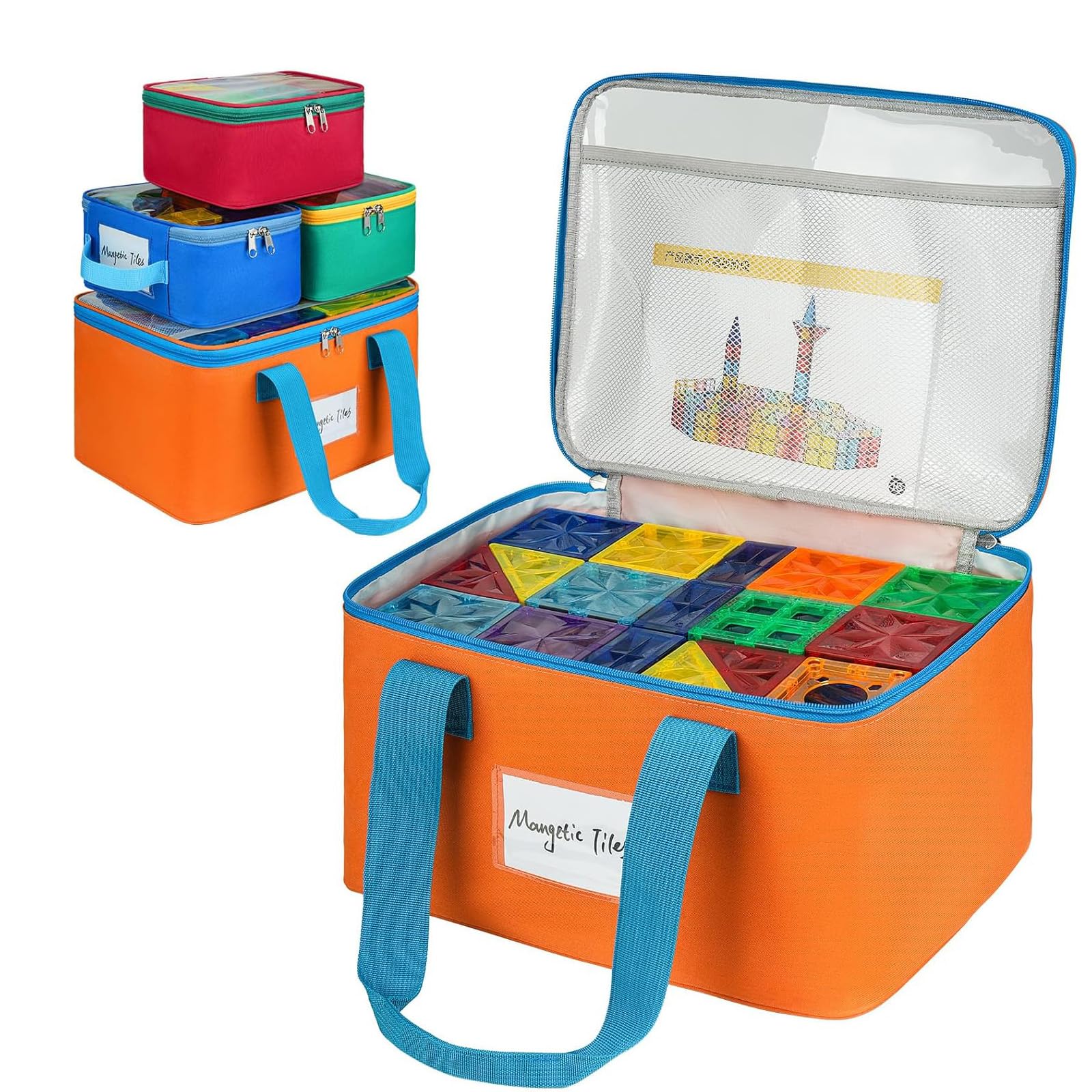 Vurlexat Toy Storage Bags, 4pcs Travel Toy Organisers Compatible with Lego Bricks, Portable Zipper Pouch Bag Case with Visible Window, Handle, Tag Pocket for Kids Building Blocks, Toy Car, Puzzles