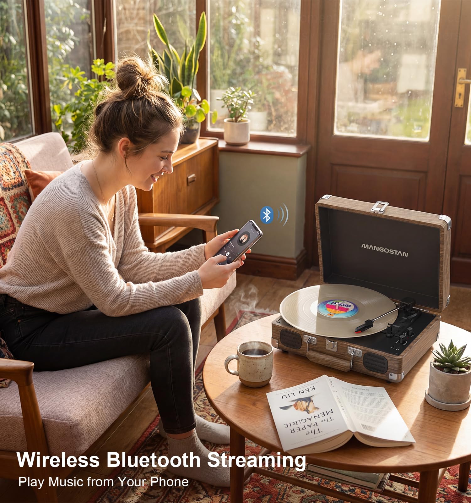 Tourne-disque Bluetooth vintage avec haut-parleurs intégrés, tourne-disque à 3 vitesses, arrêt automatique, entrée RCA et AUX-in, prise casque, lecteur LP rétro valise - Grain de bois