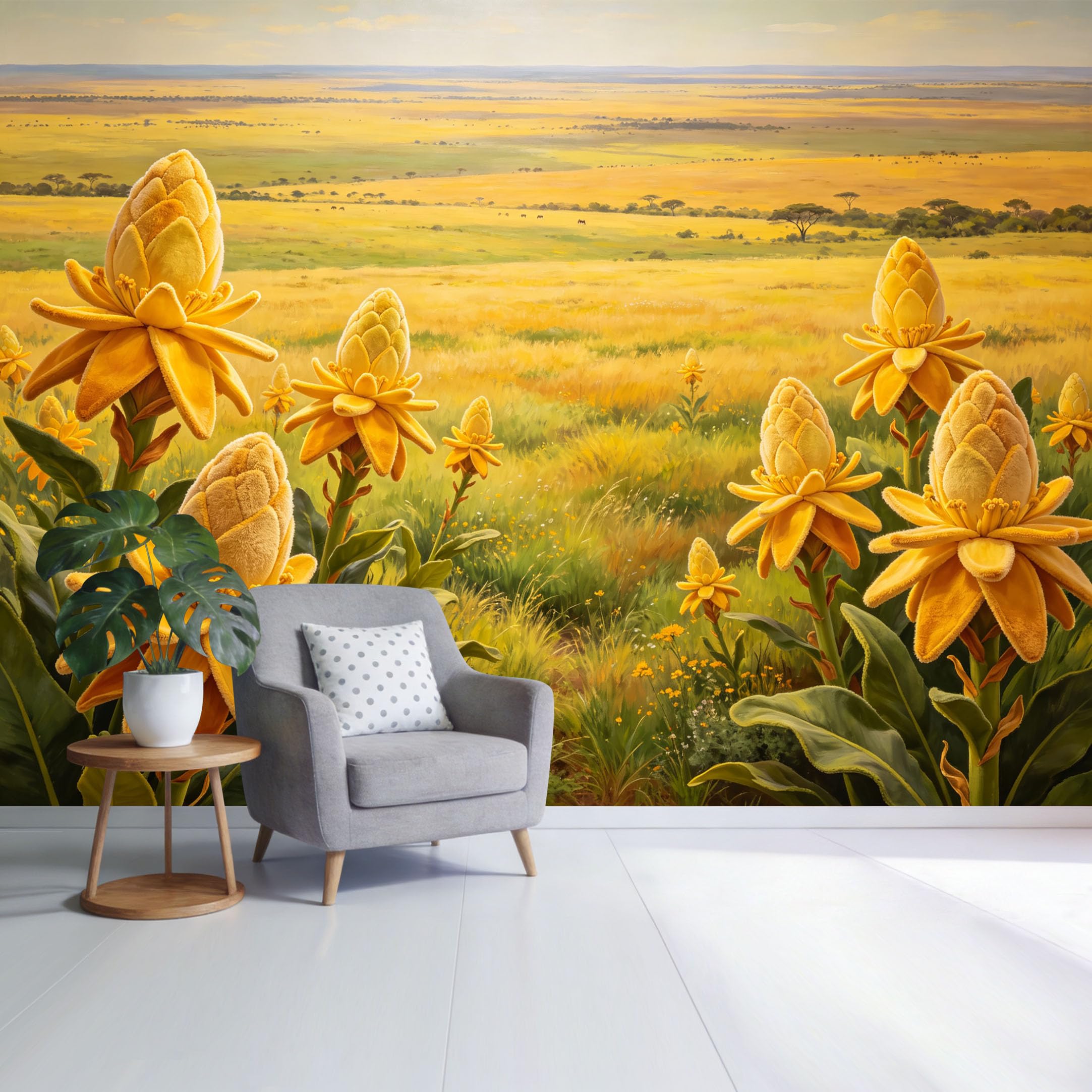 Custom Size Wall Mural Golden Tropical Flower Field Landscape Sunlit Meadow Botanical SelfAdhesive Wall Fabric Removable Wallpaper for Home Office Decor