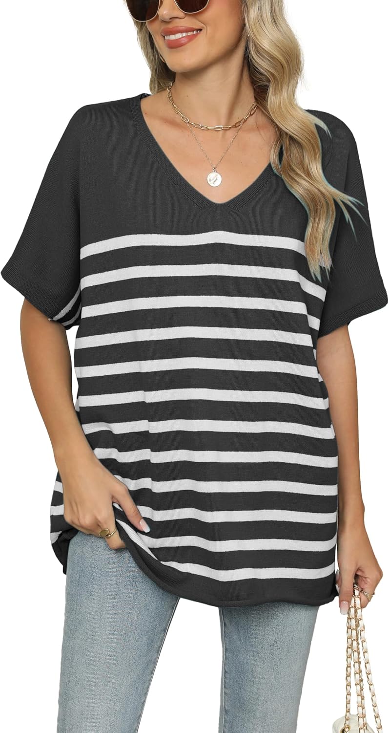 iChunhua Oversized T Shirts for Women Striped V-Neck Short Sleeve Casual Tee Summer Knit Sweater Tops