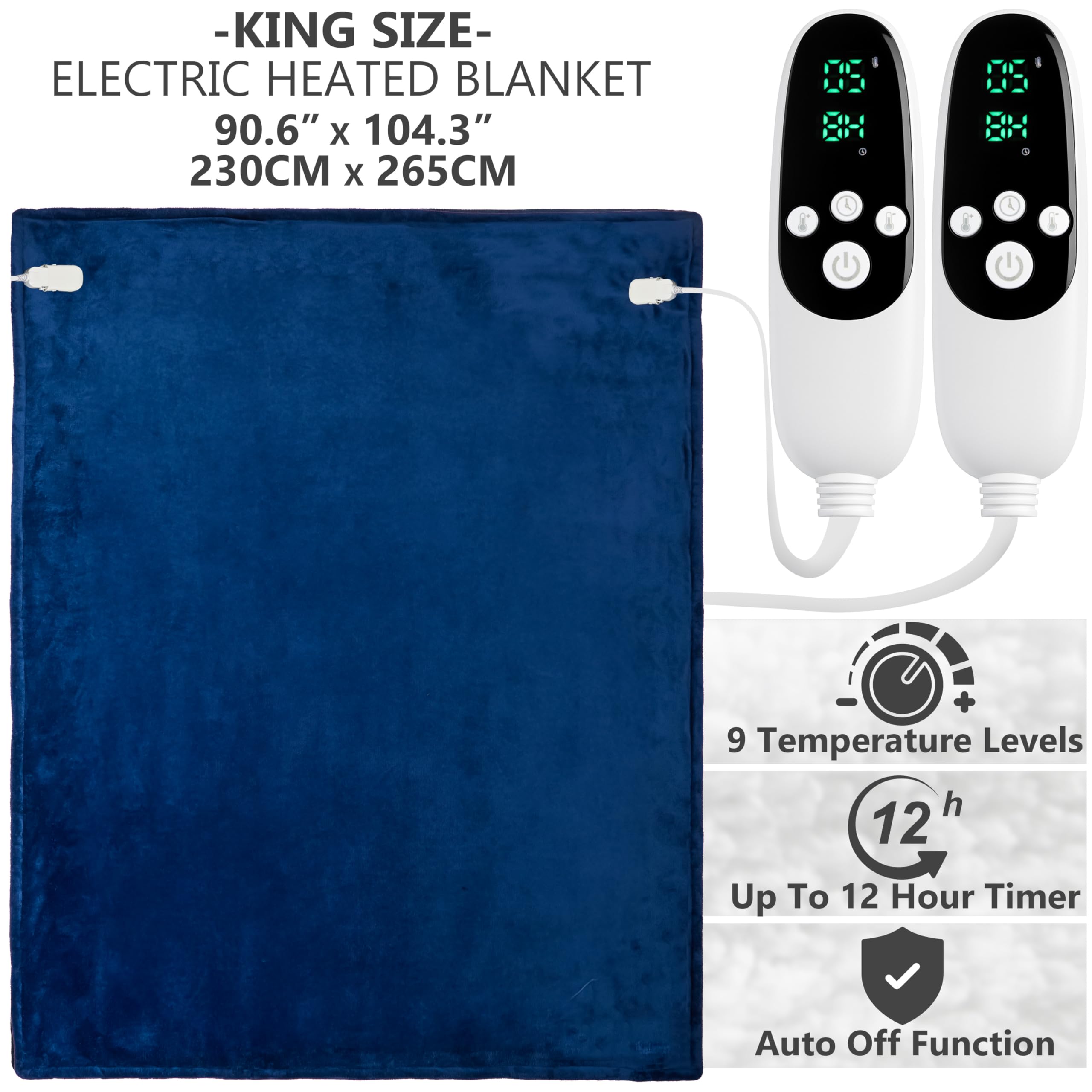 Get Trend Coperta Riscaldante Elettrica King 230x265 cm, Plaid in Pile Sherpa, 9 Livelli, Timer 12 Ore, Riscaldamento Elettrico Rapido, Idea Regalo Cosy (Blu Navy, King EU)