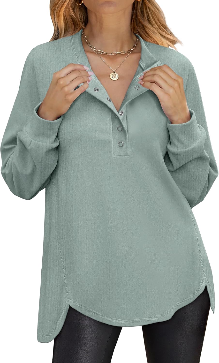 ANRABESS Women's Long Sleeve Henley Tops Tunic Sweatshirt Loose Slit Casual Button Shirts Pullover 2025 Fall Winter Outfits