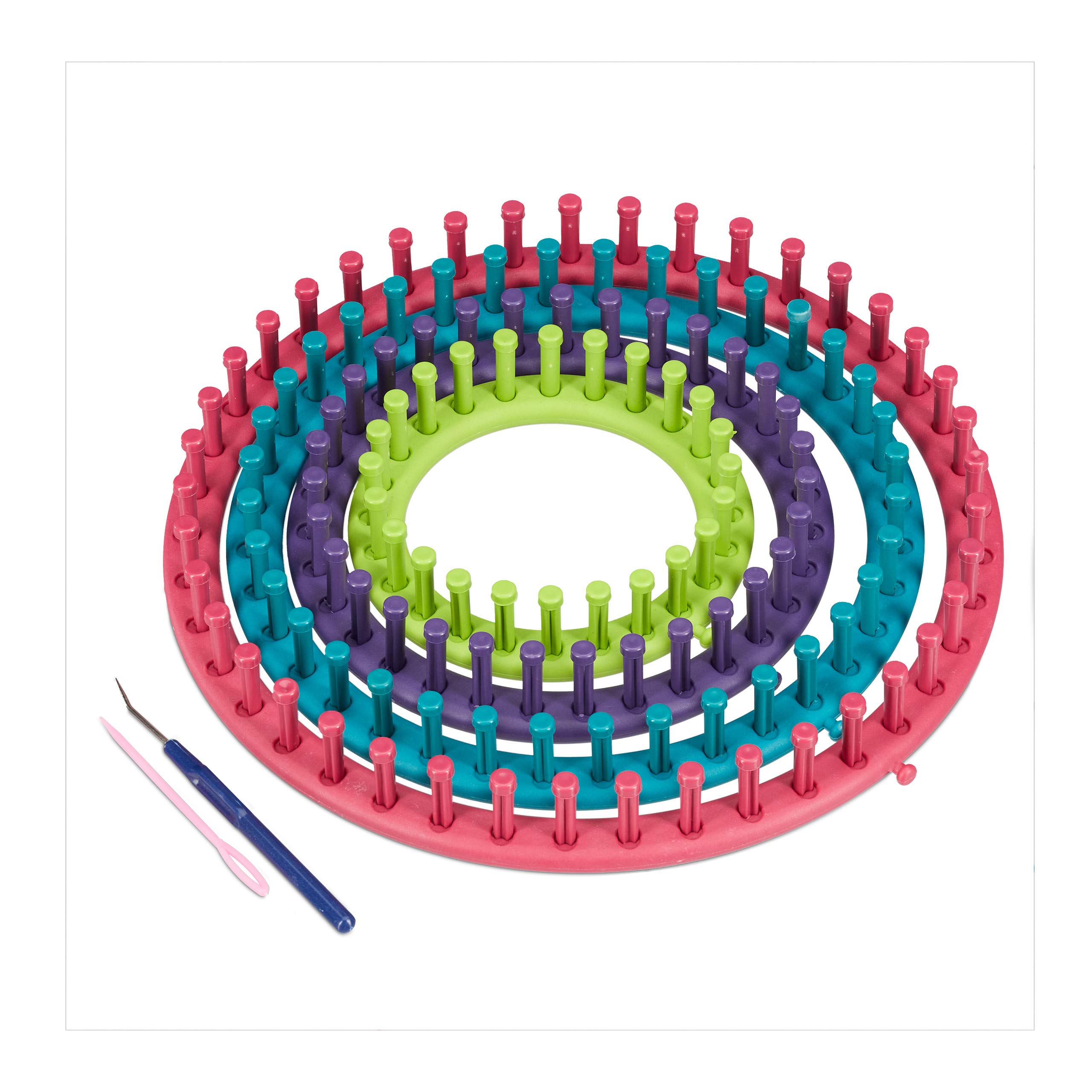 Relaxdays Knitting Looms Kit, 4 Sizes, Wool Needle & Looming Hook, Instructions, Ø 28cm, 24cm, 19cm, 14cm, Multicoloured