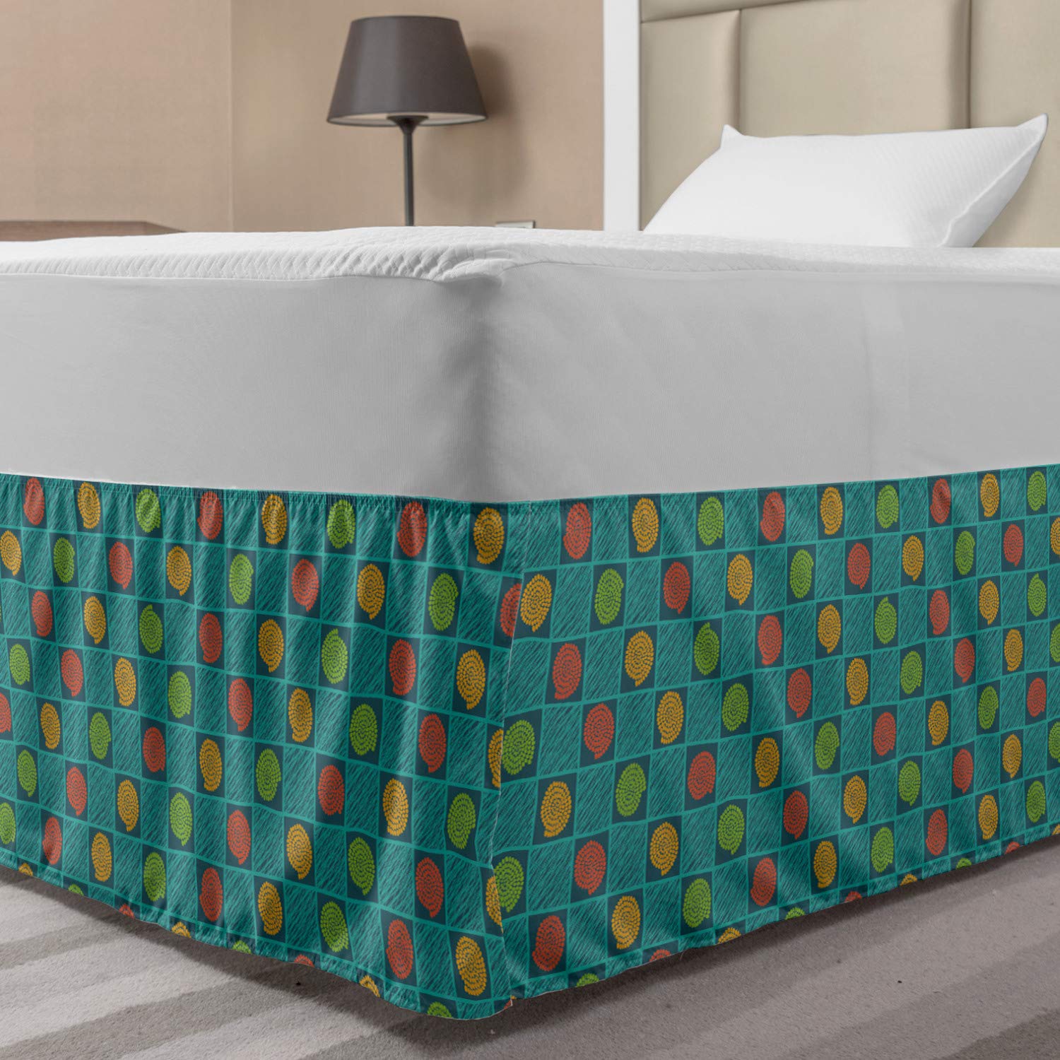 Ambesonne Geometric Elastic Bed Skirt Abstract Square Box and Inner Spiraling Dotted Circles on Teal Background Wrap Around