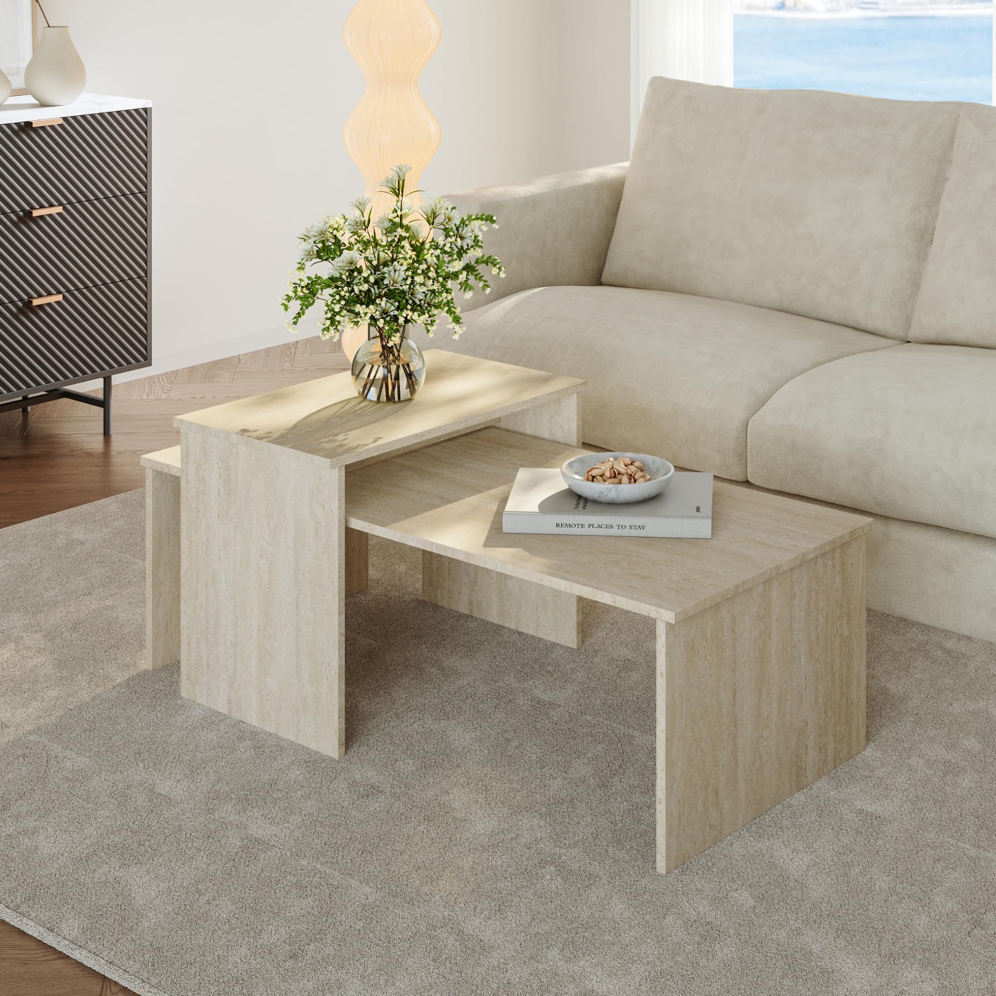 [en.casa] Set de 2 Tables Basses Gigognes de Tailles Différentes Ensemble de 2 Tables d'Appoint Design Intemporel pour Salon Chambre Panneau de Particules Mélaminé Travertin