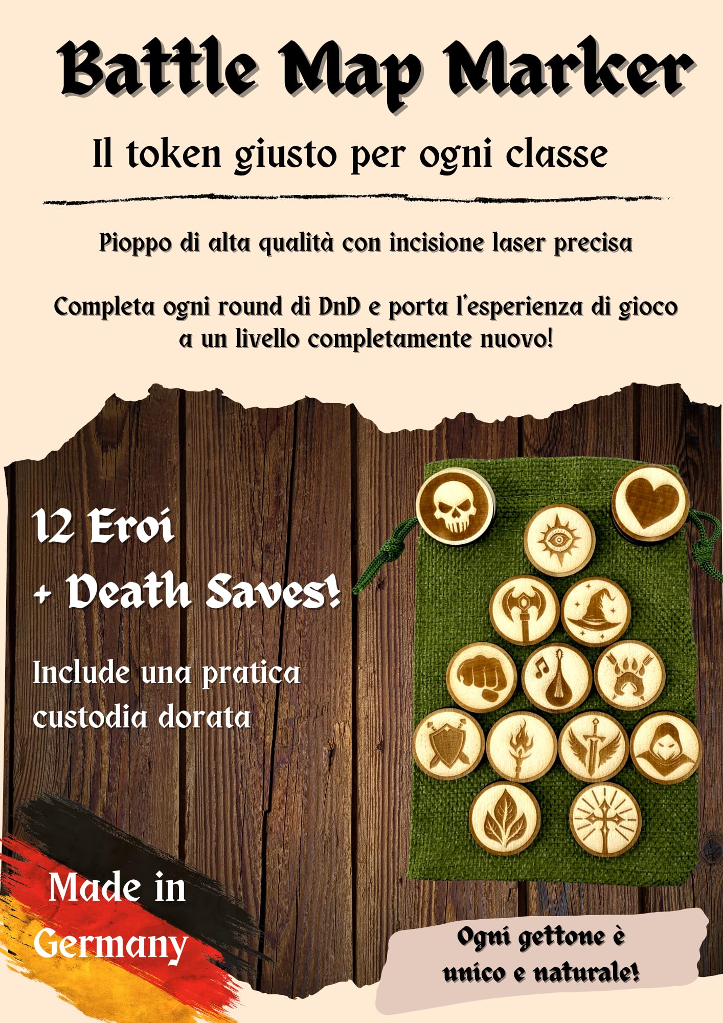 Token DND per Eroi in Legno incisi al Laser – 18 pennarelli Battlemap per Tutte Le Classi & Death Saves – Dungeons And Dragons Tablet op Accessori