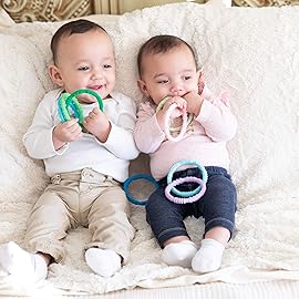 Bumkins Baby Teething Freezer Toy Keys Rings, Soft Flexible Pacifier to Chew, Cool Teether Gum Relief, Babies 3 Months, Freezable, Platinum Cured Silicone, Sensory Bracelet, 4-pk Pastels