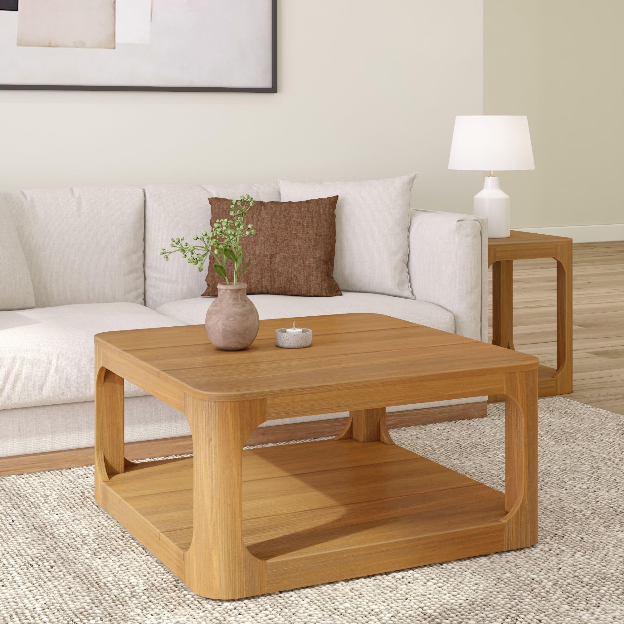 Plank+Beam Forma Coffee Table, Solid Wood 36 Inch Modern Coffee Table with Shelf, Contemporary Center Table with Storage Space, Square Tea Table with