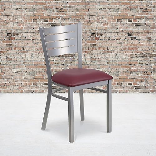 Miniatura 10 de Flash Furniture Hercules Series Silla de restaurante de metal con respaldo de listones plateados, 2 unidades, asiento de madera de cerezo