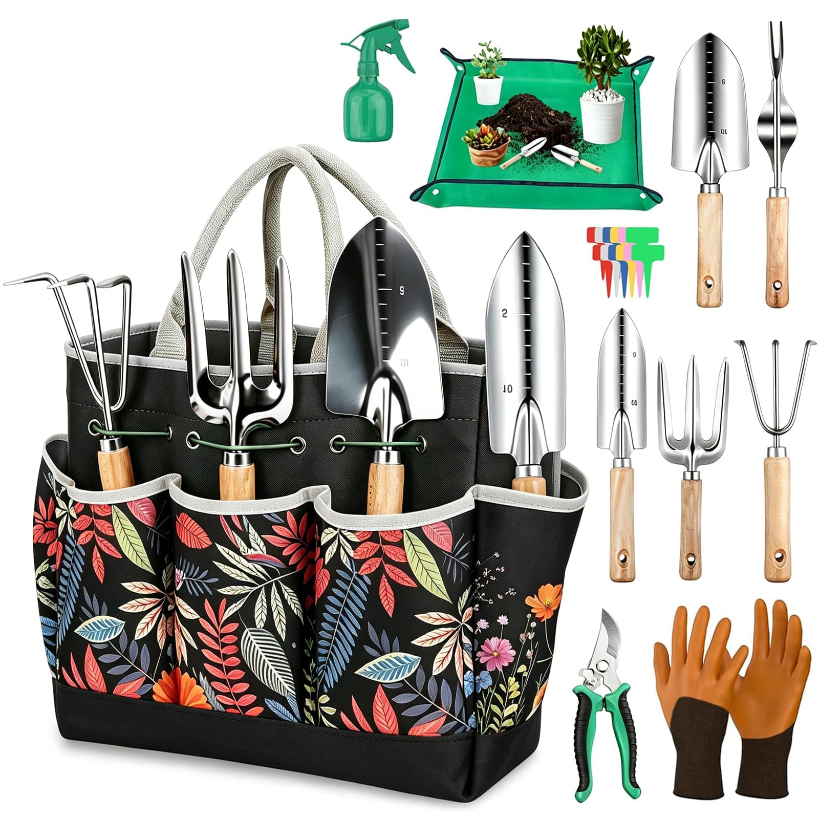 Set di Attrezzi da Giardinaggio 12 Pezzi, Utensili in Acciaio Inossidabile Anti-Ruggine con Manico in Legno Antiscivolo, per Trapiantare e Potare, Giardinaggio Regalo per Uomo e Donna
