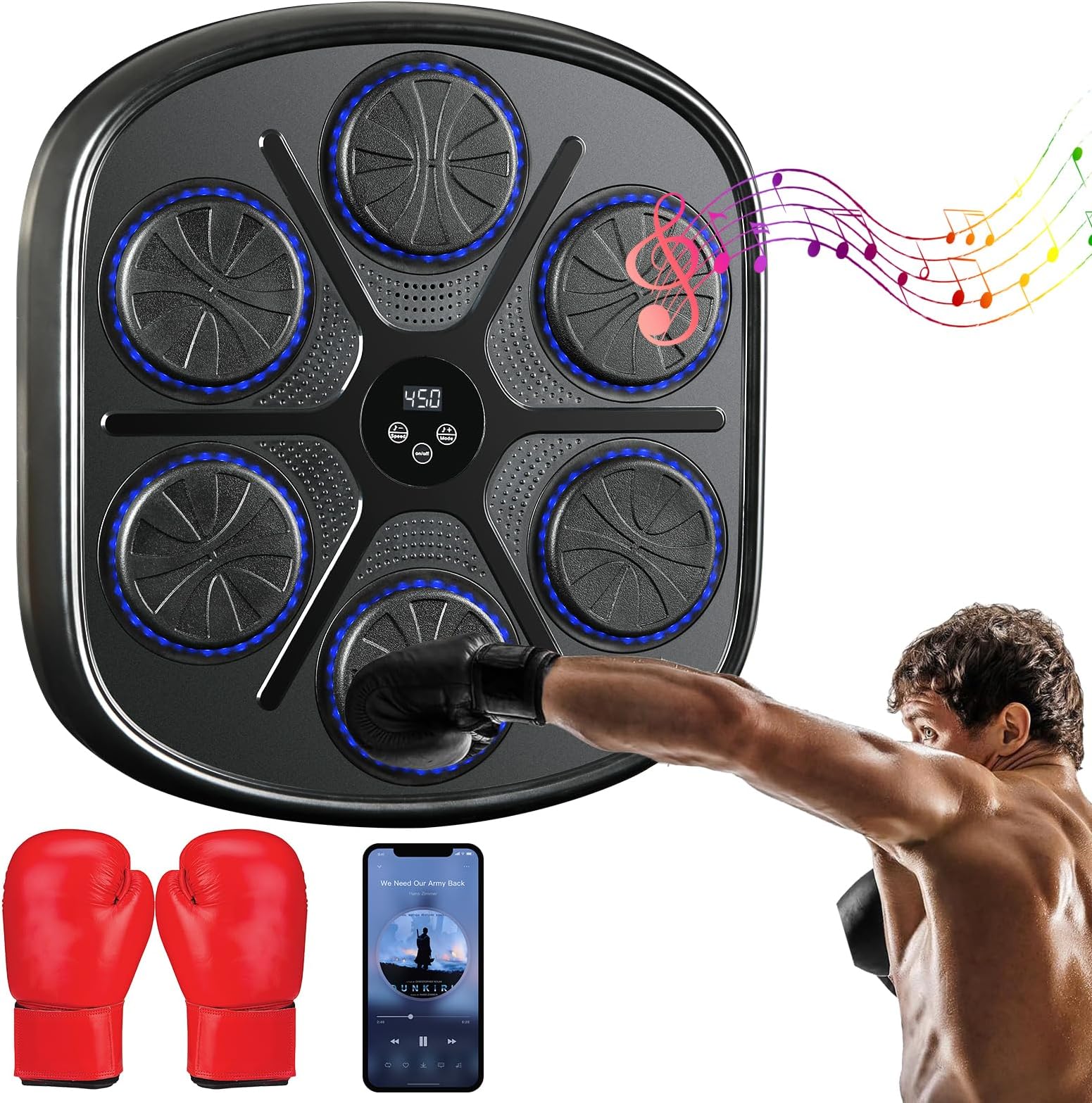 LEAFIA LED Music Boxing Machine, 9-Level Speed & Mode Adjustment, Smart Bluetooth Connection, Adjustmen height, Game Training Equipment for Kids and Adult, Gym and Home Use