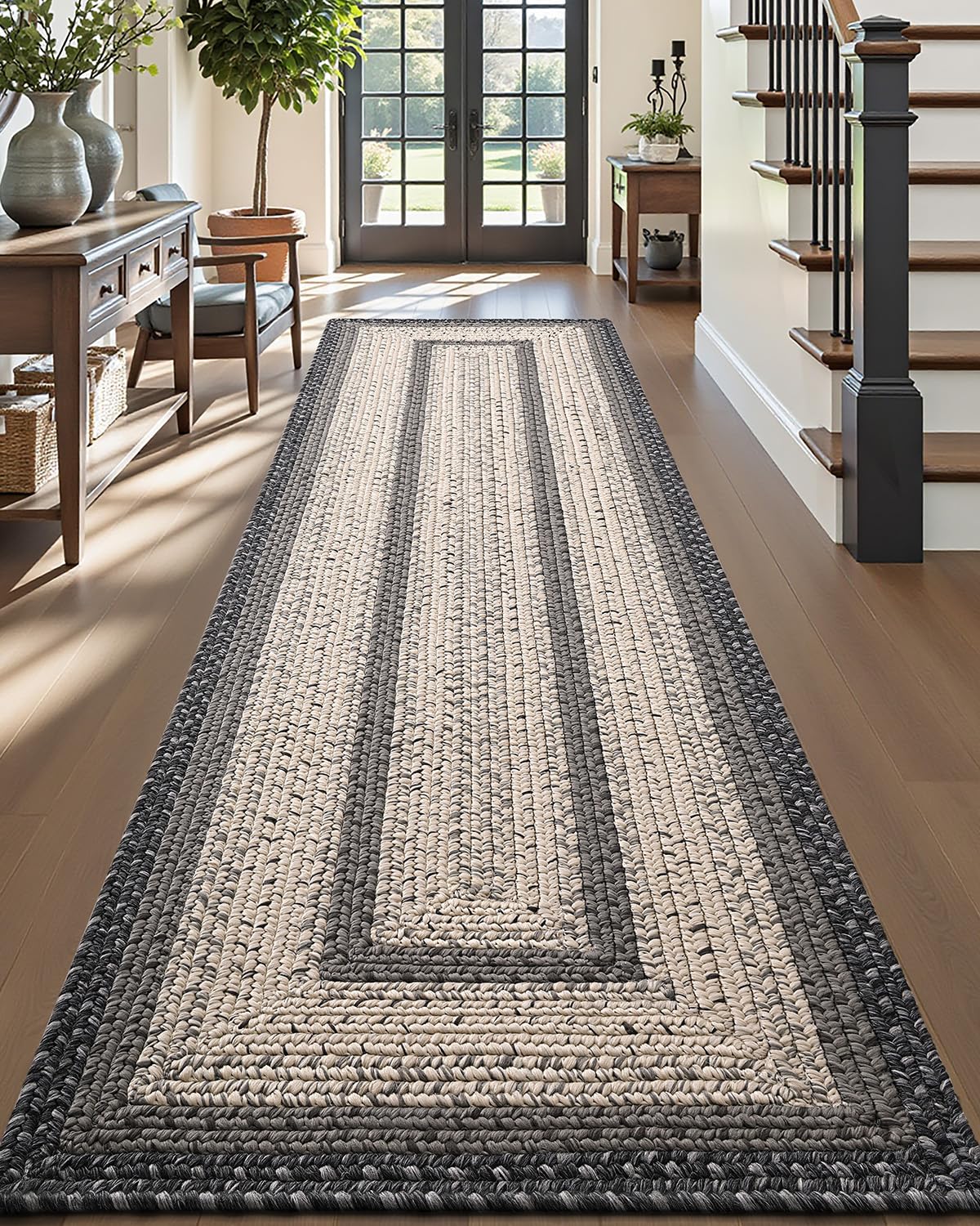DEXI Woven Hallway Runner Rug, 2x7 Rustic Braided Vintage Carpets, Non Slip Indoor Outdoor Farmhouse Floor Rugs for Entryway, Kitchen, Laundry Room, Black/Ivory