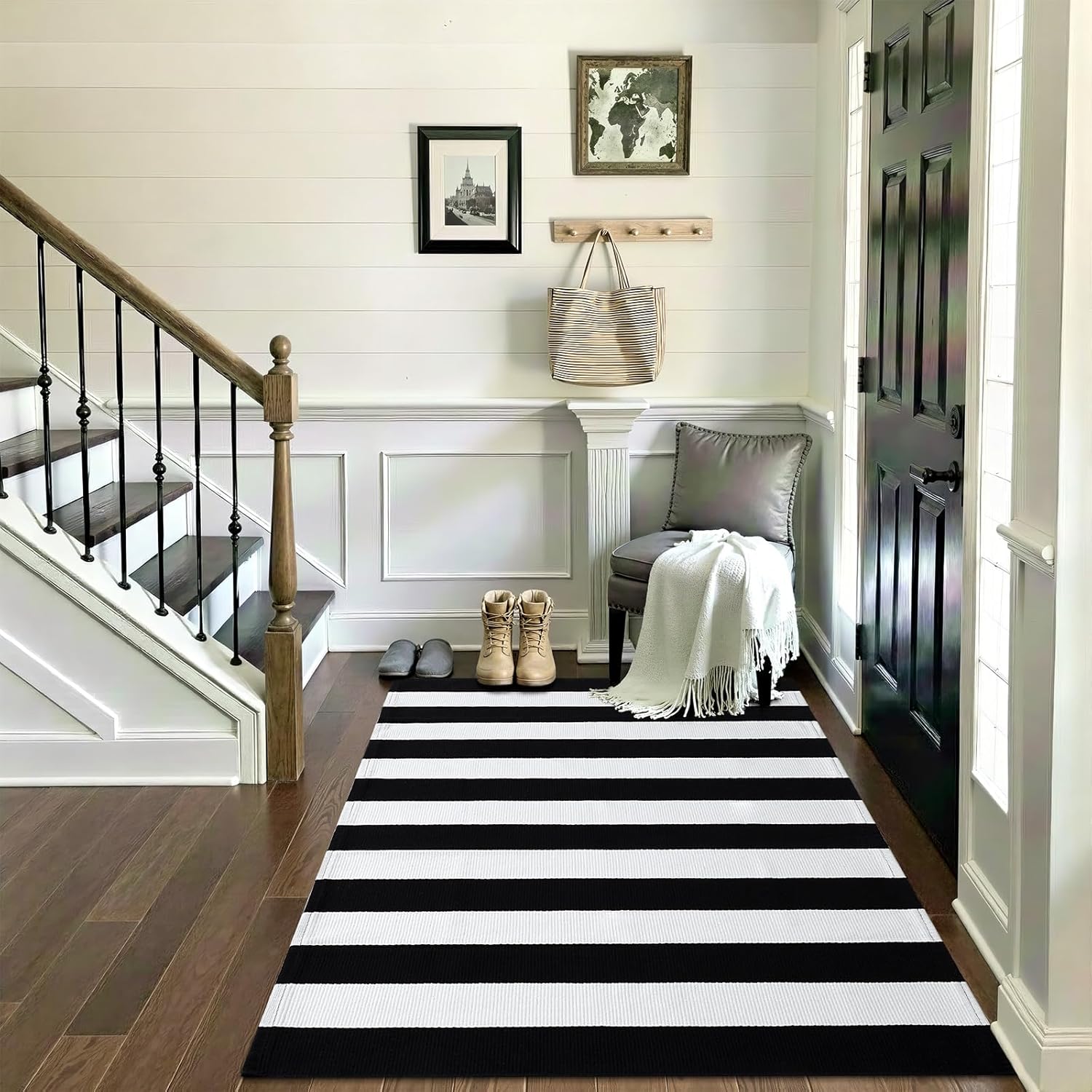 OLANLY Black and White Striped Rug 3' x 5' – Washable Cotton Indoor Outdoor Doormat for Front Door, Entryway, Kitchen, Porch, Patio Decor
