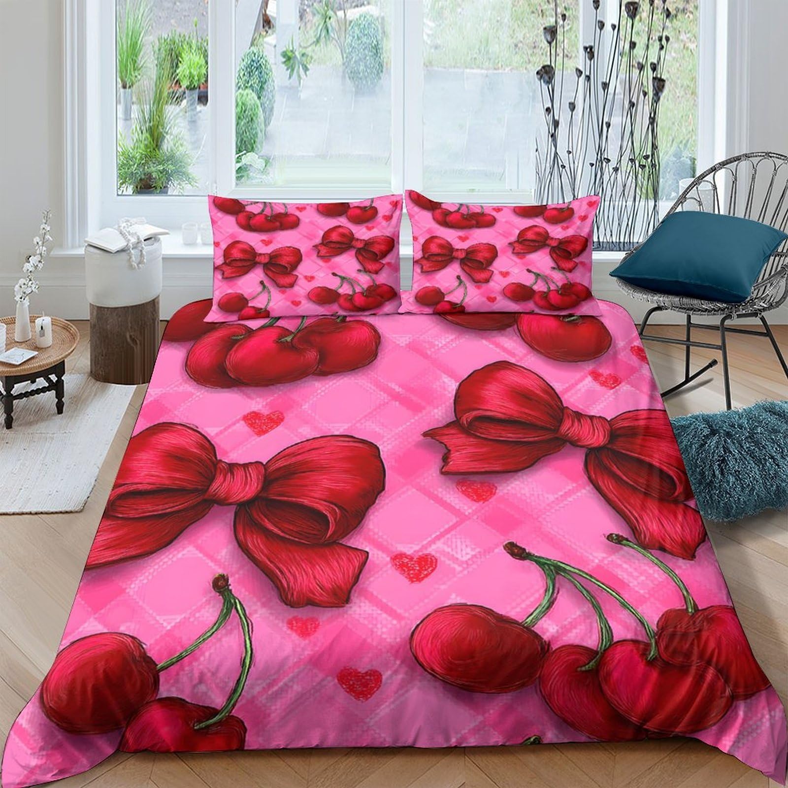 Ctjqhvkz Style-4 3D Printed Cherry Bow Fitted Sheet Microfiber Non-Slip Bed Cover Pink Bedroom Decor Machine Washable Adult Teen Single（135X200cm）