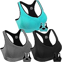 DoubleCouple Women's Racerback Sports Bras 3-Pack - High Impact Support Yoga Running Gym Workout Bra with Removable Pads