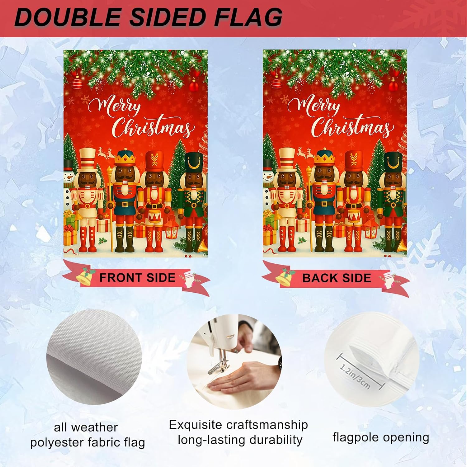 IVN Christmas African American Santa Garden Flag 12x18 Inch Double Sided Winter Black Nutcracker Soldiers Tree Snowflakes Christmas Decoratives Yard Flag for Outside Xmas Home Front Door Lawn Porch Patio Welcome Decor - Image 4