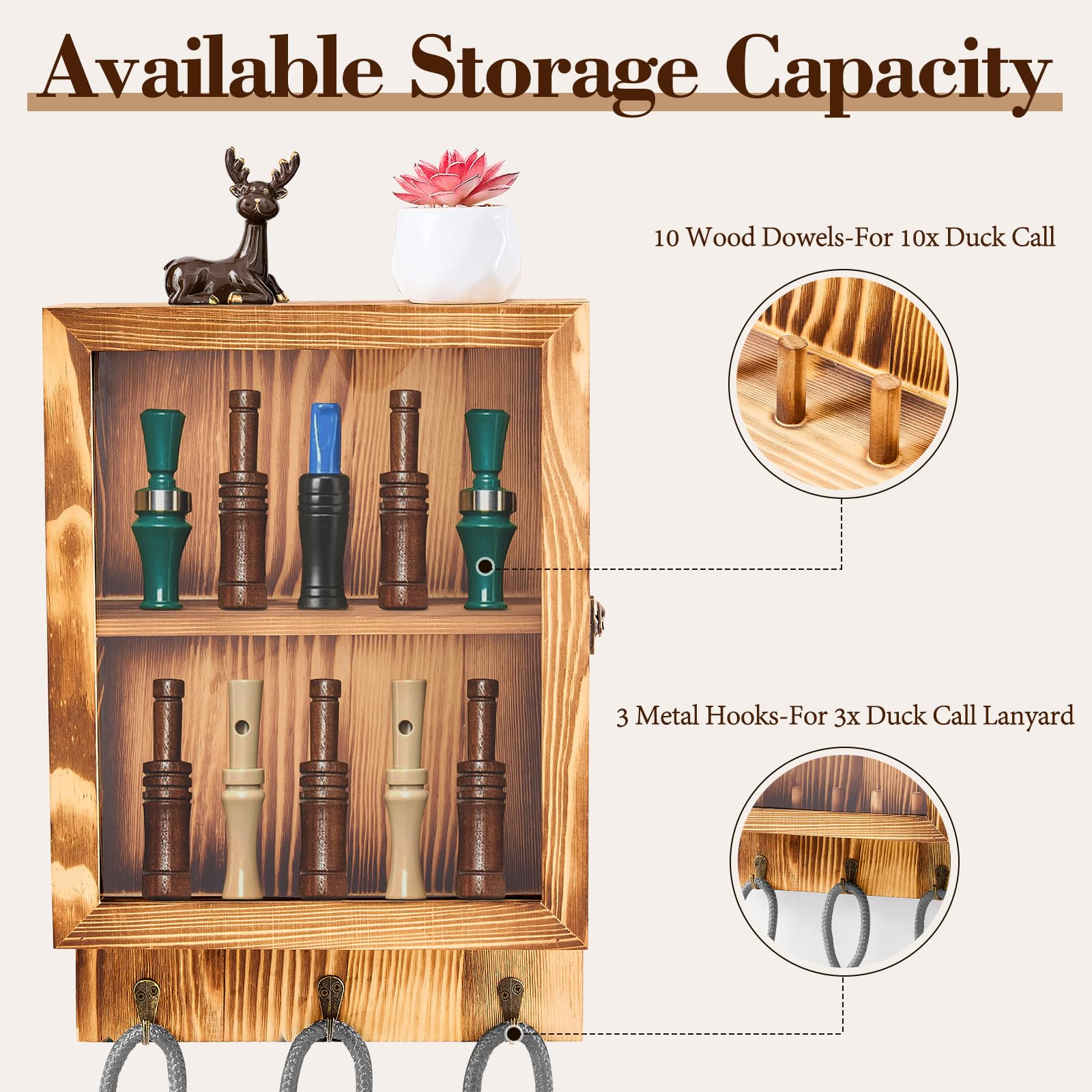 Duck Call Display Rack con 10 slot e 3 ganci per cordino, attrezzatura da caccia con anatra con porta in acrilico trasparente, organizer da parete in legno, per uomini e collezionisti