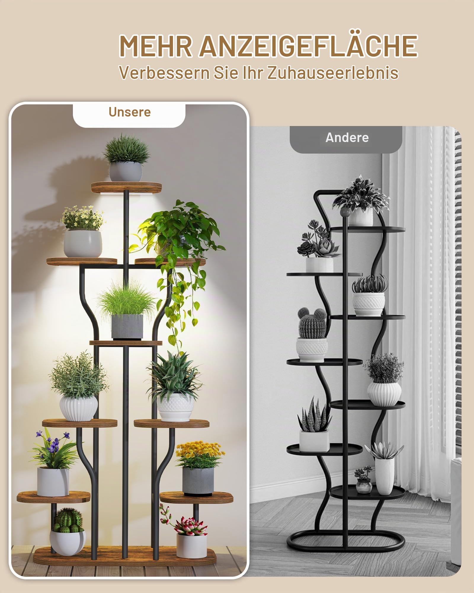 Hzuaneri Pflanzenständer mit Wachstumslicht - 9 Ebenen Blumenständer 124 cm Metall Holz Pflanzenregal, Geschwungene Pflanzentreppe für Innen, Wohnzimmer, Balkon, Vintage-Braun PS16401BEU