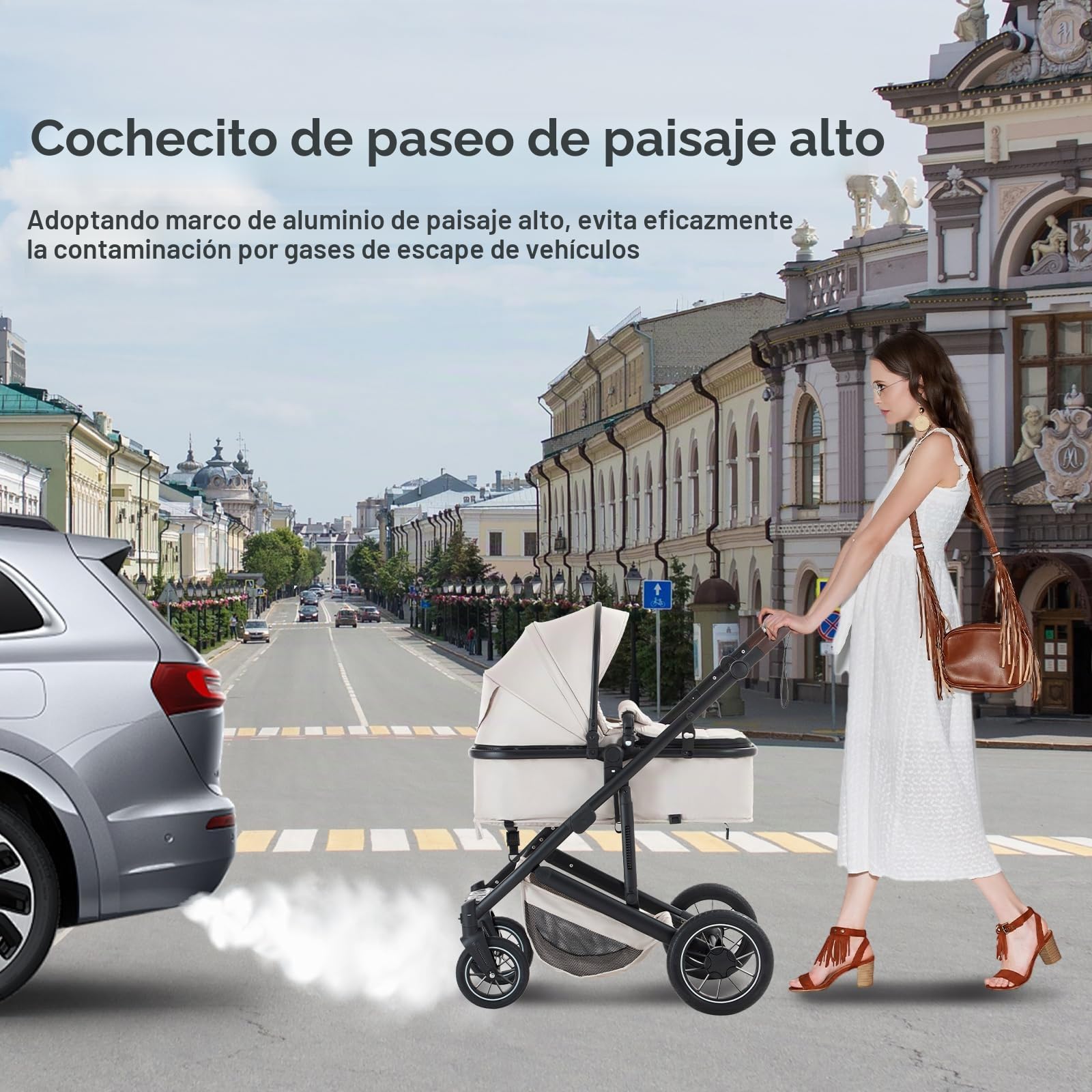 3 en 1 Carrito Bebé, Cochecito Bebe con ECE R129 Asiento de Coche, Cochecito con Mango Ajustable de Altura, Cochecito Carro de Visión alta con Marco de Aluminio (22KG, 0-4 Años)