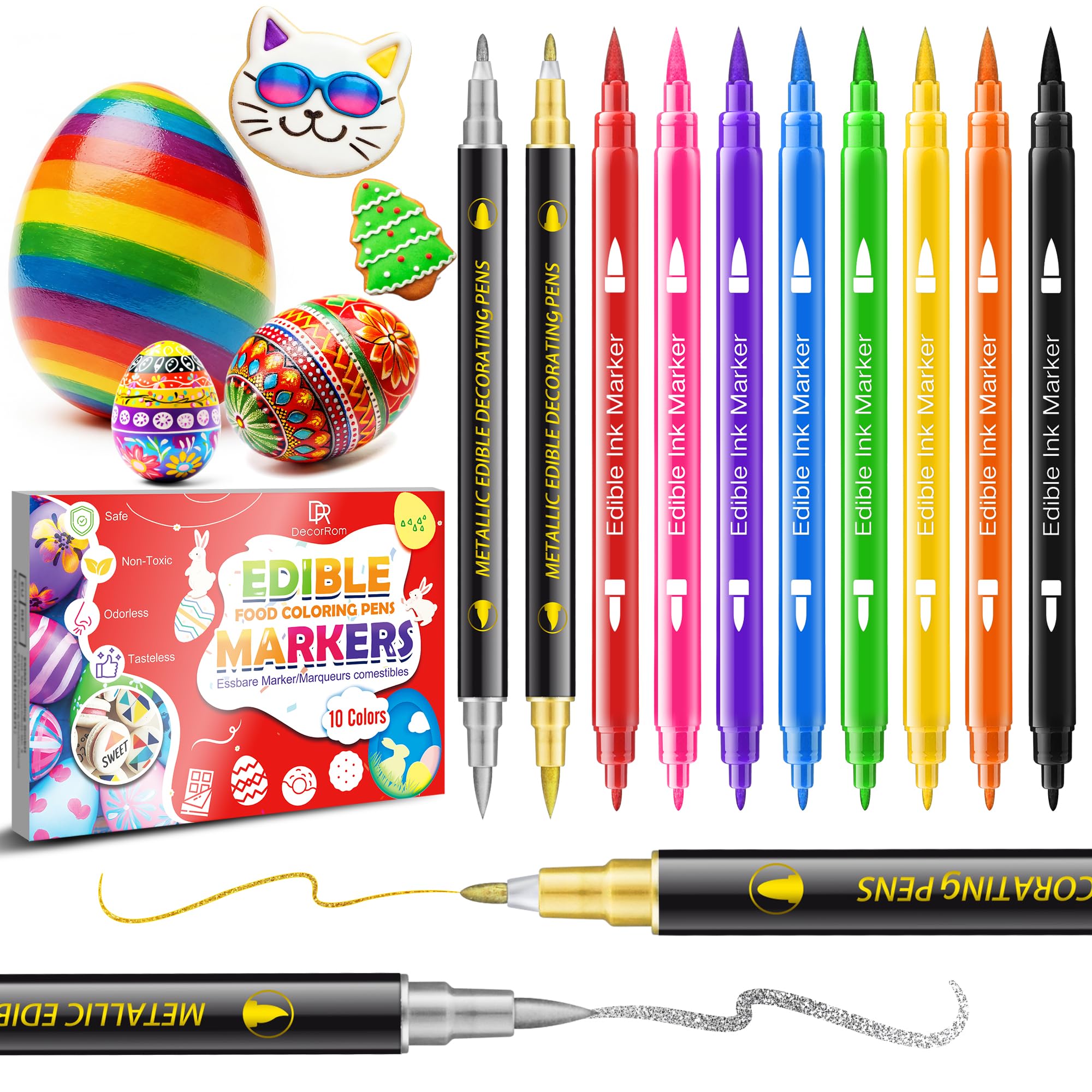 Lebensmittelfarbe Stifte - 10 Farben Lebensmittelstifte mit feiner und dicker Spitze, Lebensmittelfarbe zum Bemalen von Kuchen, Keksen, Fondant, Zuckerguss, Ostereiern, Lebensmittelechte Farbstifte