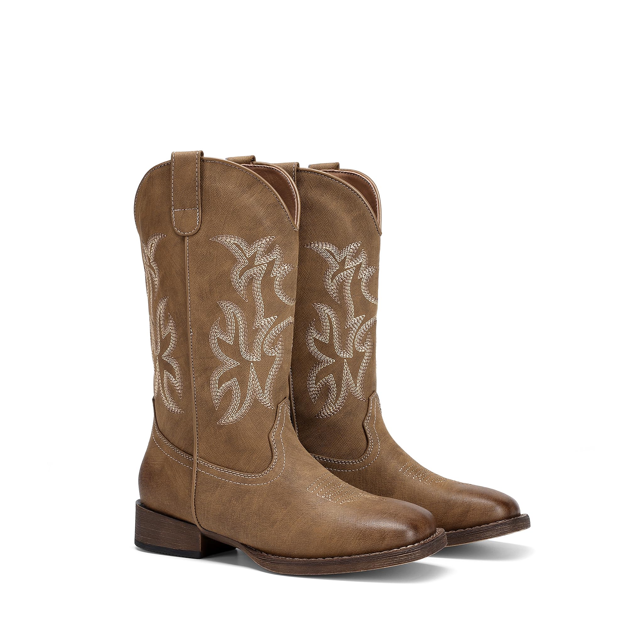 DREAM PAIRS Stivali da cowboy da donna con punta quadrata larga, stile western, a metà polpaccio, ricamati, stile retrò
