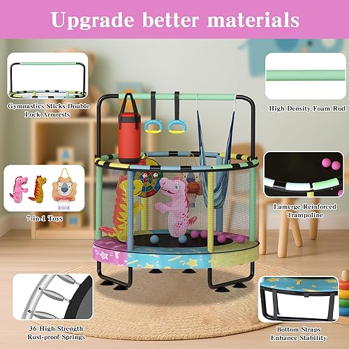 Miniatura 6 de Lamerge Kids Trampoline, Toddler Bouncing Trampoline with Safety Enclosure Net, ASTM-Approved, 500lbs Capacity, Ages 1-8, Adjustable Handrail,