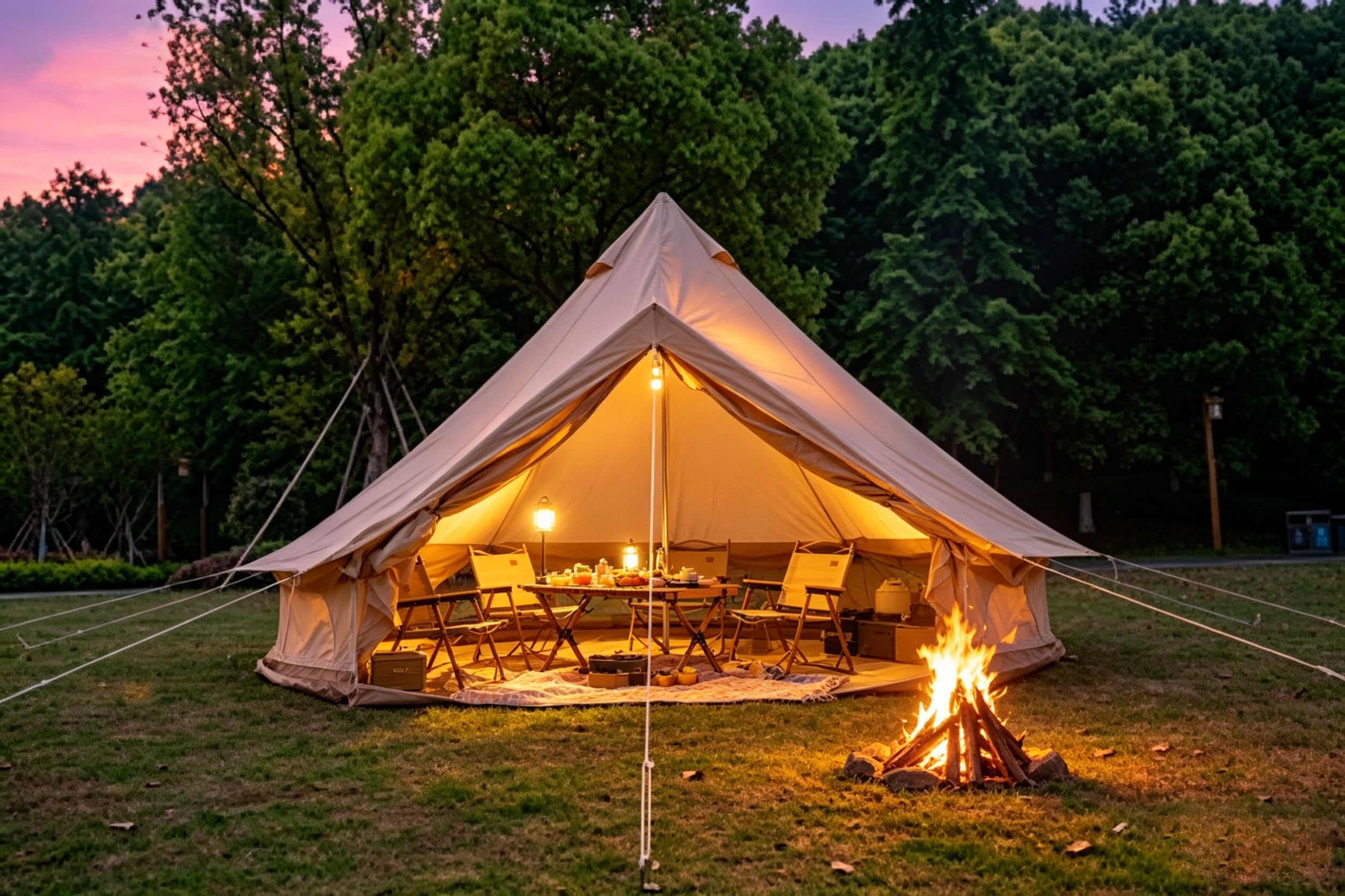 DHHU Tente de Camping Familiale 4 Saisons, Yourte 13.1ft avec Conduit de Poêle, Grande Tente Glamping pour 4 à 8 Personnes, Abri en Oxford Beige imperméable et Respirant