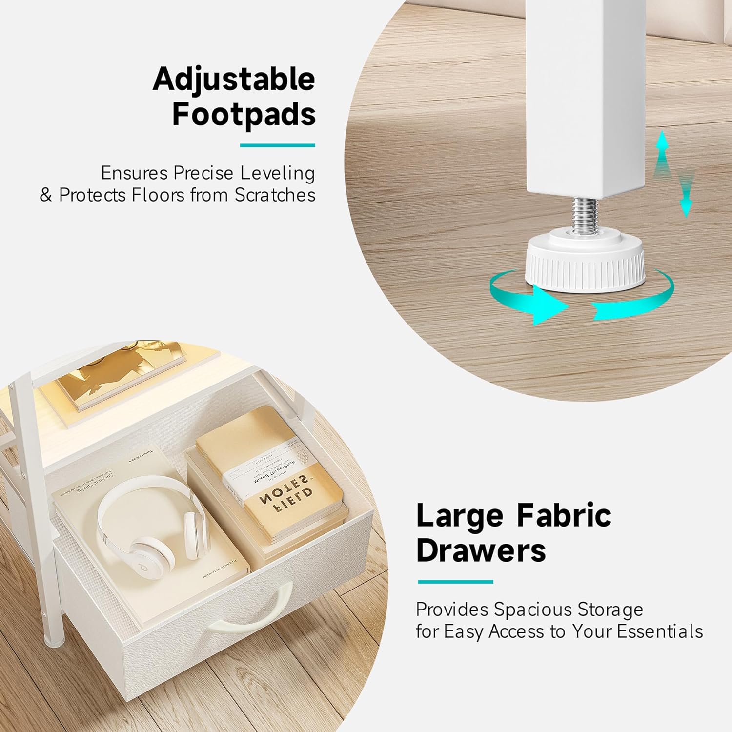 Night Stand Bedside Table Bedroom - White Nightstand with Charging Station & LED Light Strip, Morden Bed Side End Table with Storage Shelf & 2 Fabric Drawers, U-S-B Ports & AC Outlets