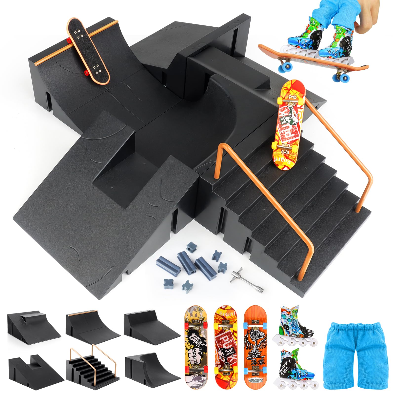 CS COSDDI Mini Finger Skateboards Ramp Accessories Set, 6-in-1 Fingerboard Toy Skate Park Kit Ramp, DIY Assembly Mini Finger Skateboard Ultimate Park Set Ramps for Kids Birthday Gift