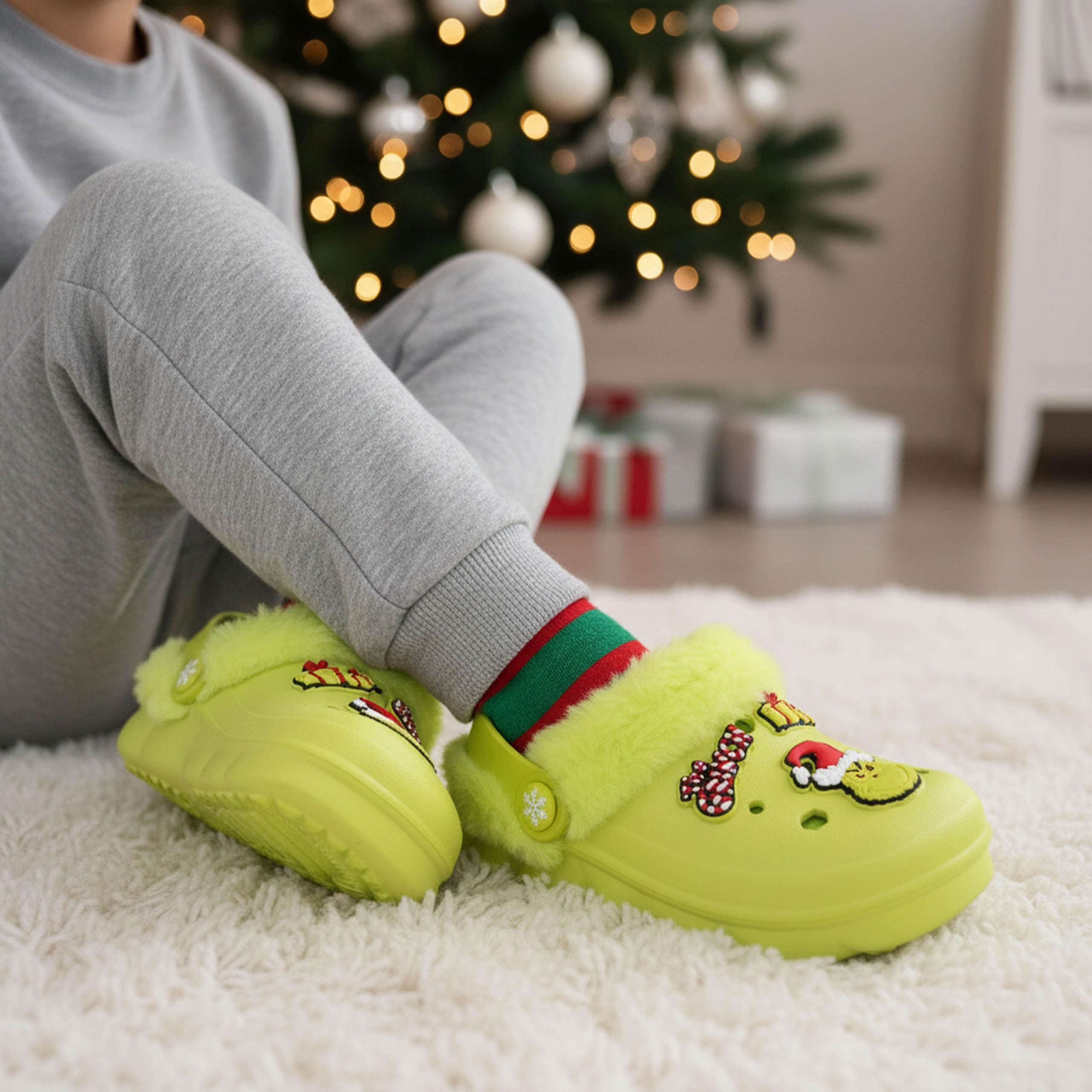sarcia.eu Grinch Zapatillas verdes, aislantes, navidad, zuecos de jardín con piel para niños