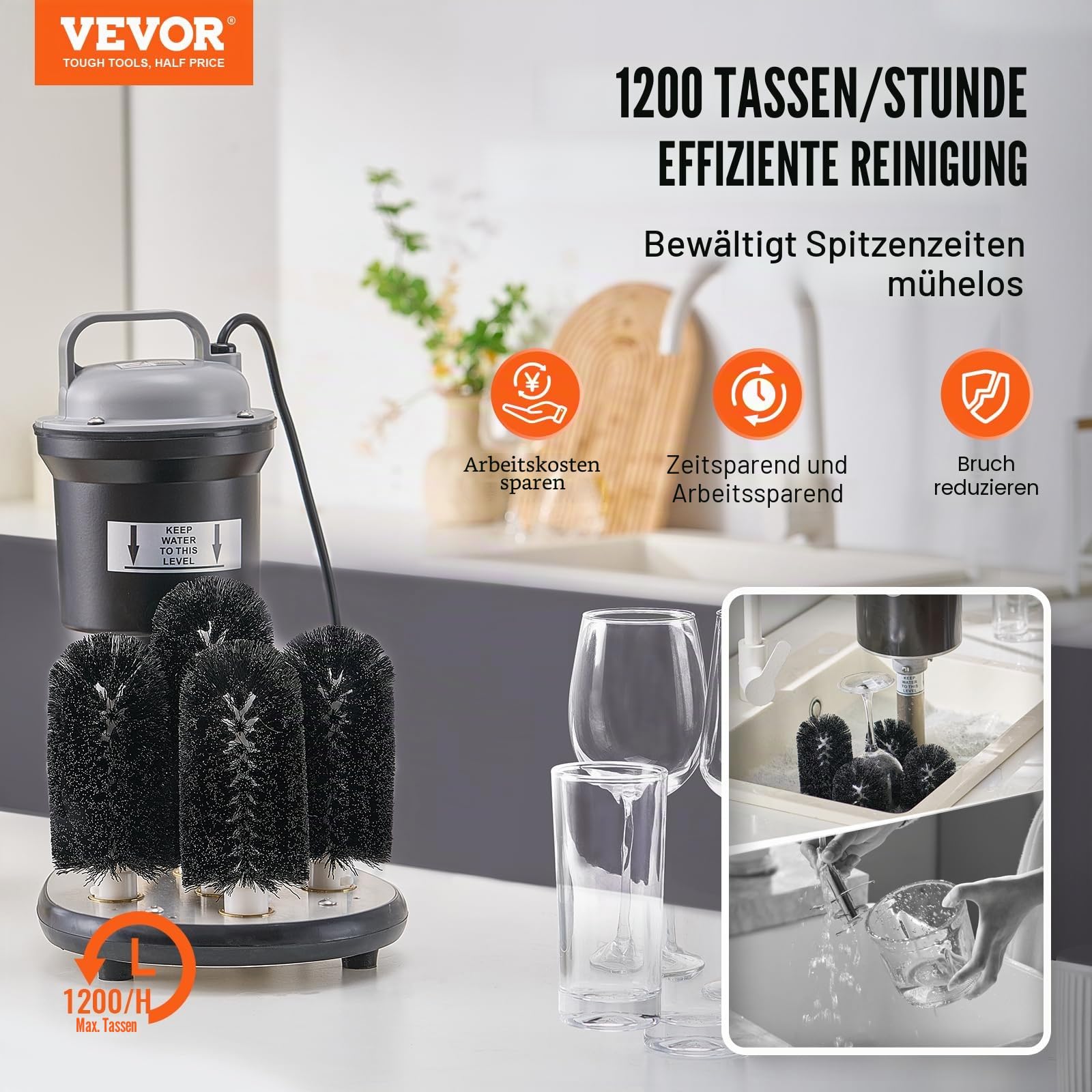 VEVOR elektrischer Gläserspüler Glasreiniger mit 5 Bürsten für Bars, 1200 Tassen/h Weinglas-Reinigungsmaschine, Gläserspülmaschine für Sektgläser Bierkrüge Becher, perfekt für Bars Cafés