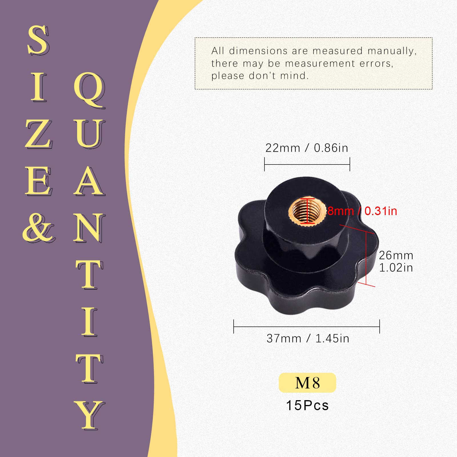 Swpeet Kit assortito di 15 manopole M8 a 7 stelle con filettatura femmina, manopole a forma di stella, in plastica nera, manopola di bloccaggio per attrezzature meccaniche (M8)