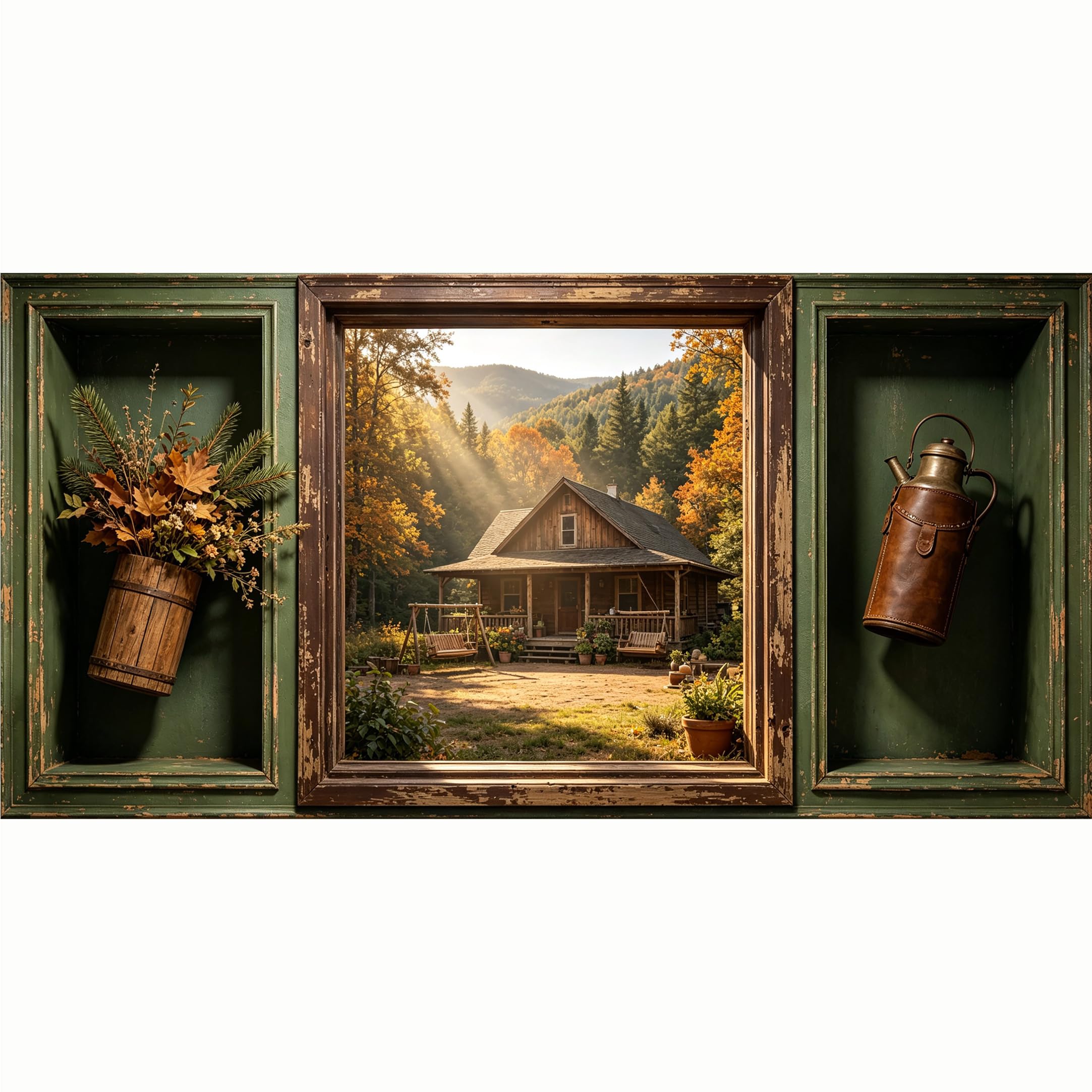 QZLITHOTIC 50x100cm 3D Framed Wall Art， Rustic Cabin Autumn Forest Landscape SelfAdhesive Mural， WaterActivated Peel & Stick Fabric Decor Wall Decal for Bedroom Living Room