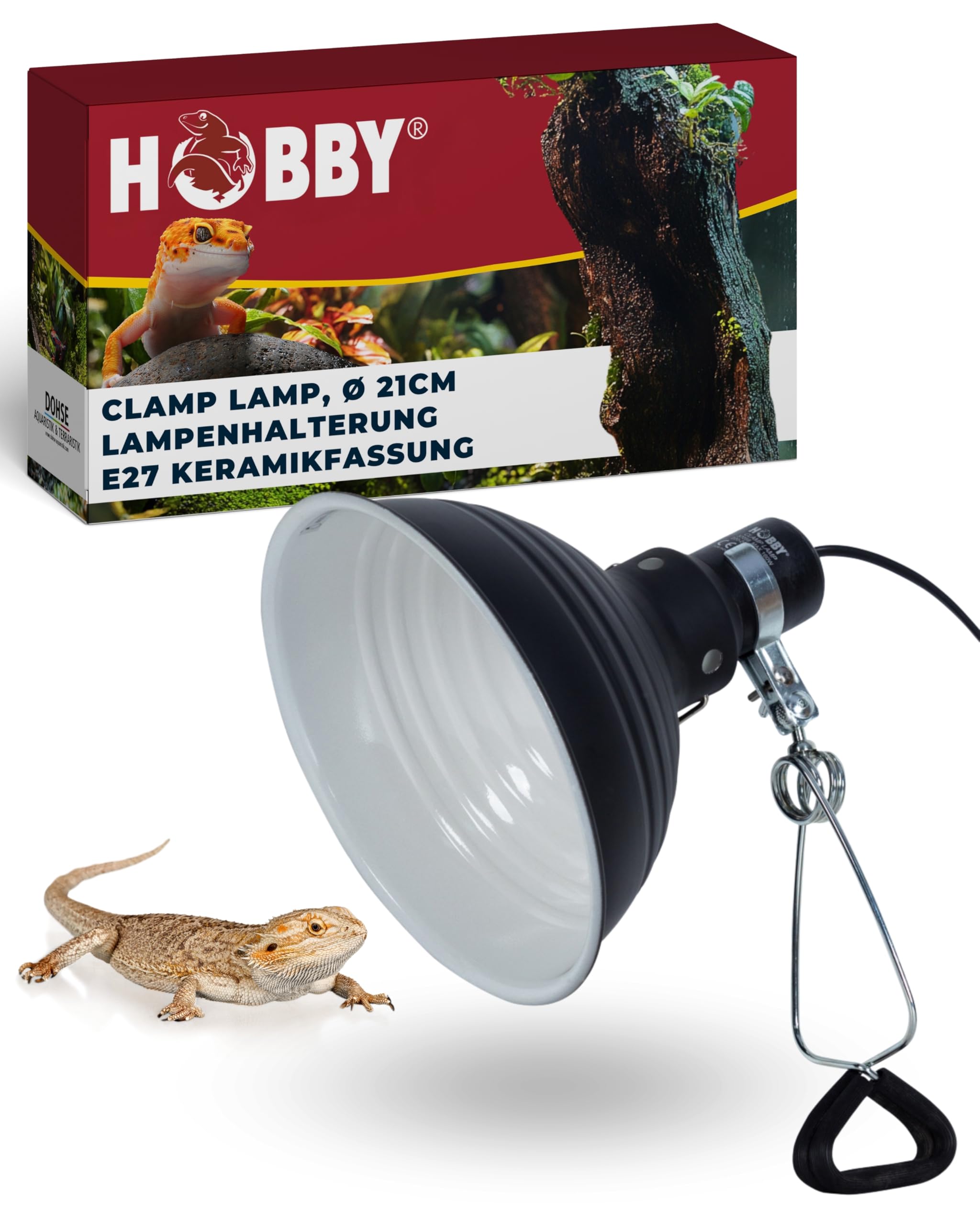 Hobby Clamp Lamp Terrarium Leuchte 21 cm I Hitzebeständige Keramikfassung E27 für Wärme-, Licht- & UV-Lampen I Mit Reflektorschirm, Klammer & Schalter I Sichere, Flexible Terrarium Beleuchtung