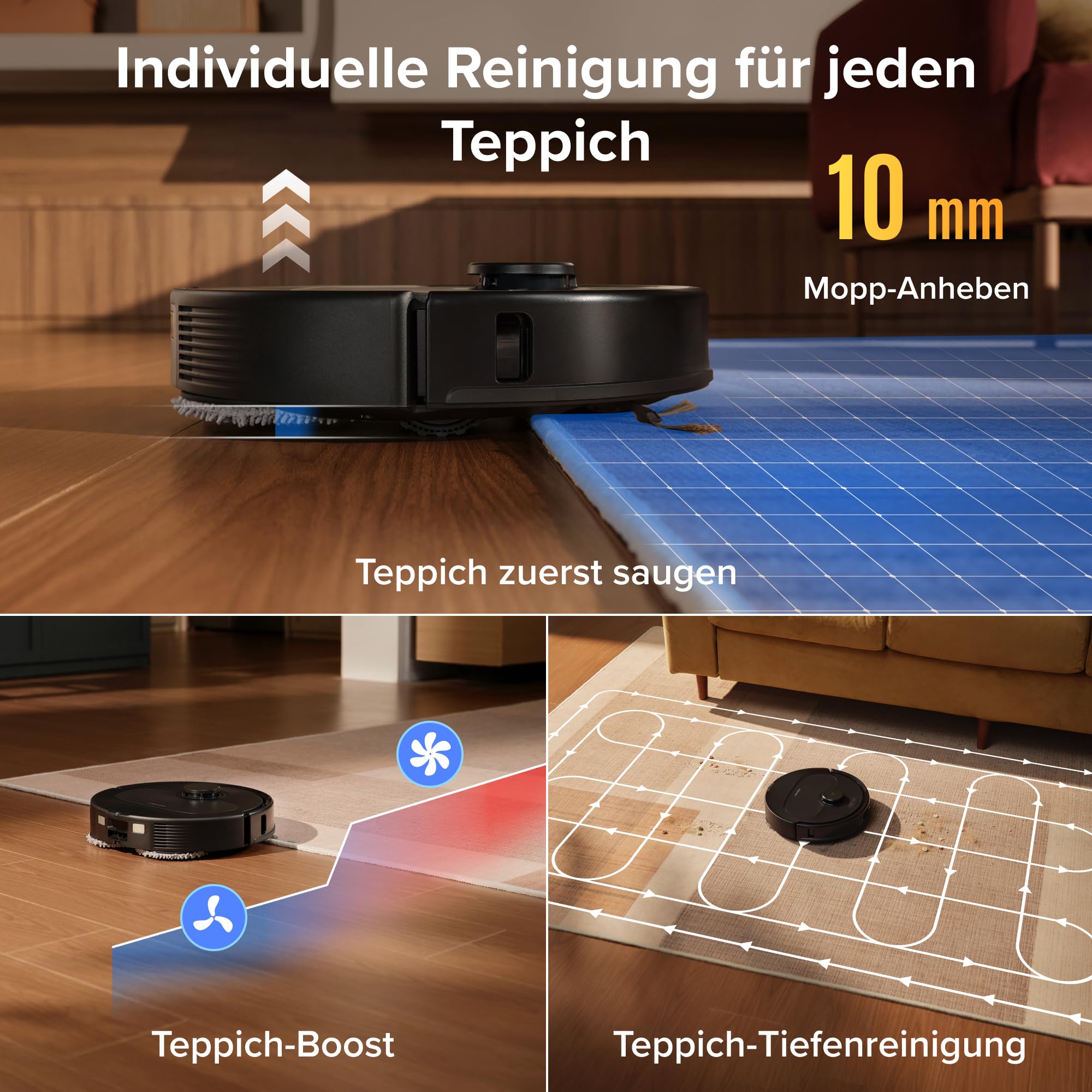 Roborock Qrevo S Pro Saugroboter mit Wischfunktion, 18.500 Pa, 75 °C Heißwasser-Moppreinigung, Anti-Tangle System, Reactive Tech Hindernisvermeidung, All-in-One Dock (Schwarz)