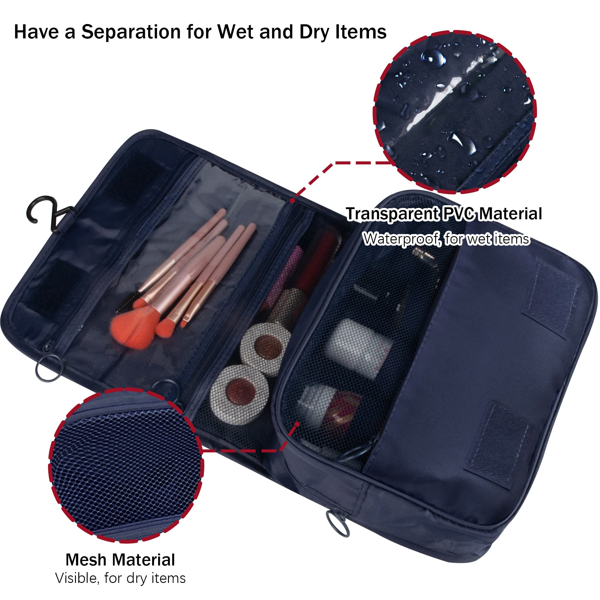 Neceser colgante, organizador de viaje de gran capacidad para artículos de tocador, tela Oxford impermeable, bolsa de cosméticos con gancho para colgar, artículos esenciales de viaje para