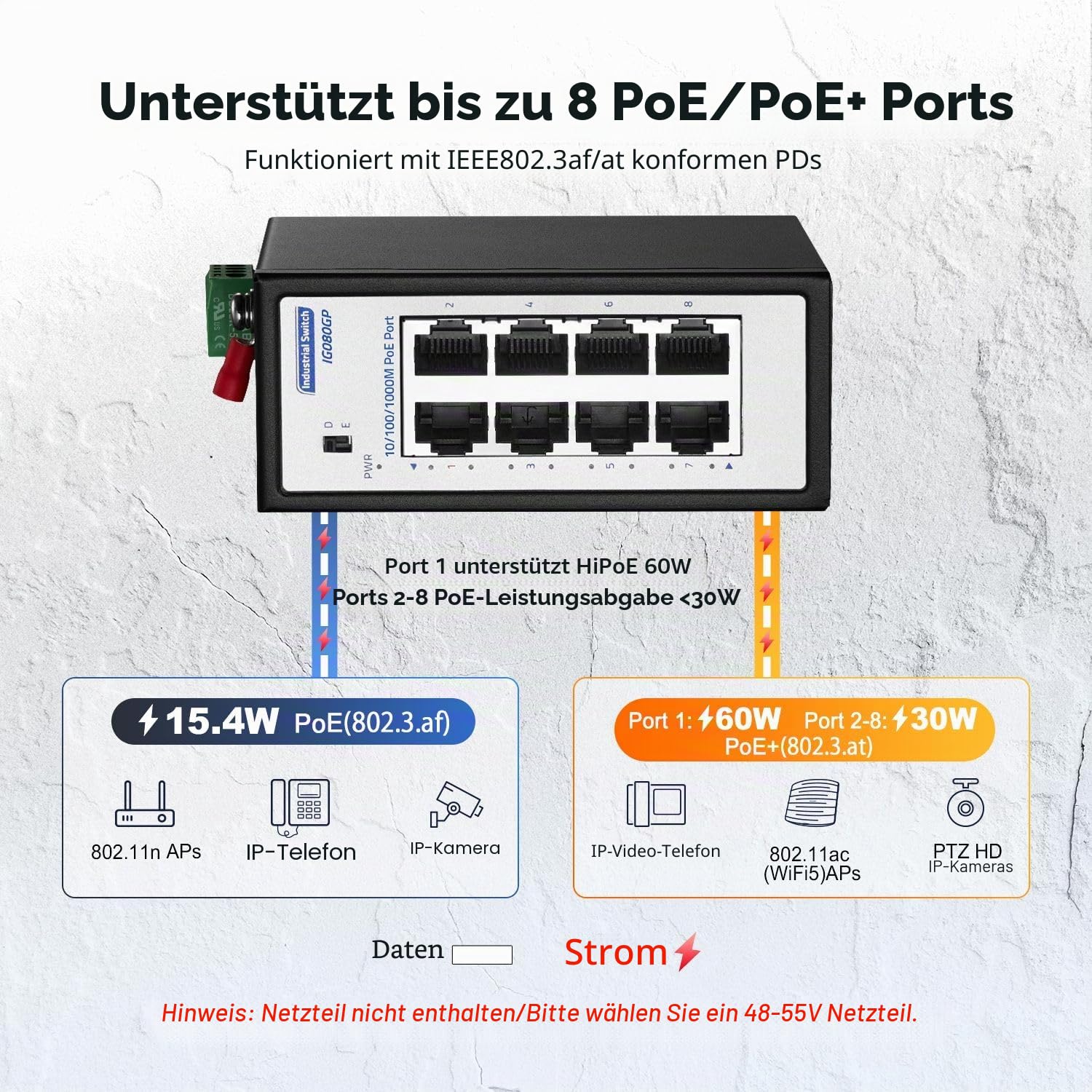 8-Port Mini-Gigabit-PoE+-Industrieswitch, 100/1000 Mbit/s Ethernet, IEEE802.3AF/AT POE+, DIN-Schienen- und Wandhalterung, Nicht verwalteter IP30 (-40 bis 185 °F) gehärteter YuLinca PoE-Switch