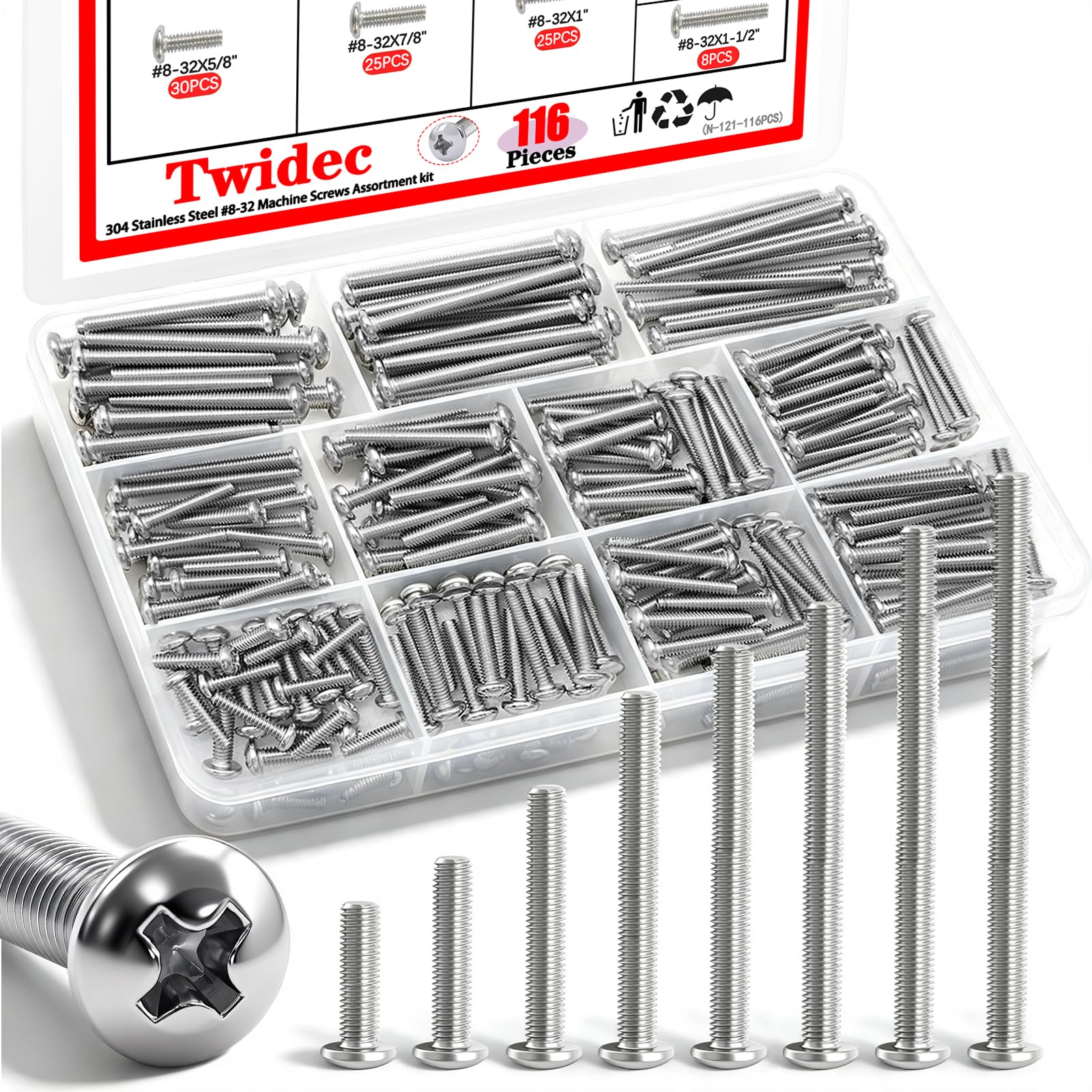 Twidec 102pc Machine Screws - Stainless Steel -16