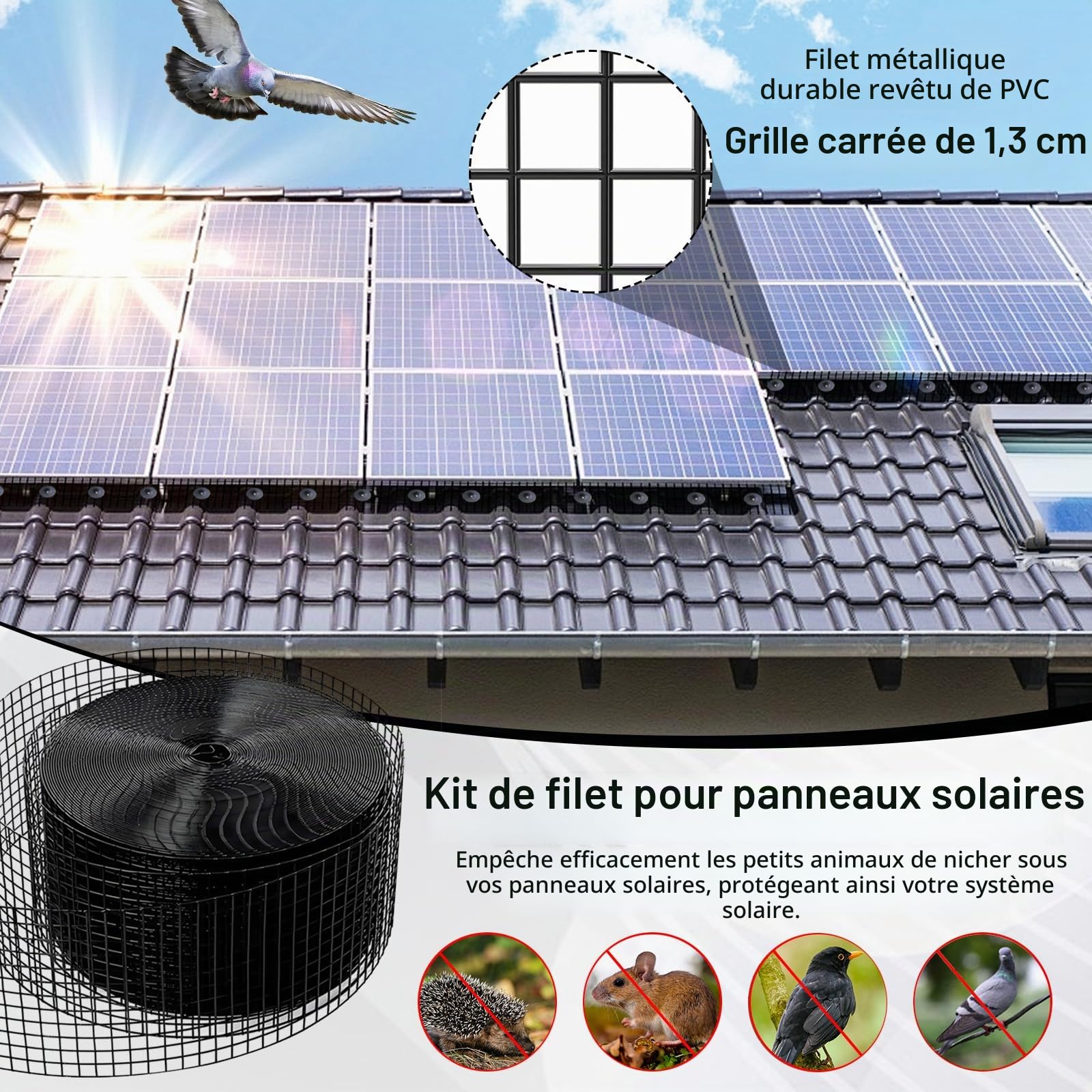 Filet Anti-pigeons pour Panneaux Solaires 20 cm x 30 m, PVC Galvanisé à mailles, anti-pigeons et anti-oiseaux, Protection des Panneaux Solaires, pour Protection des Toits Contre Oiseaux et Animaux