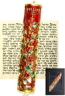5.1” Exquisite Enamel Design Mezuzah with Scroll, Install in 15s w/Included Tape, or Permanently w/provided Screws, Blessing Red Bloom Mezuzah for Door for Any Memorable Jewish Occasions