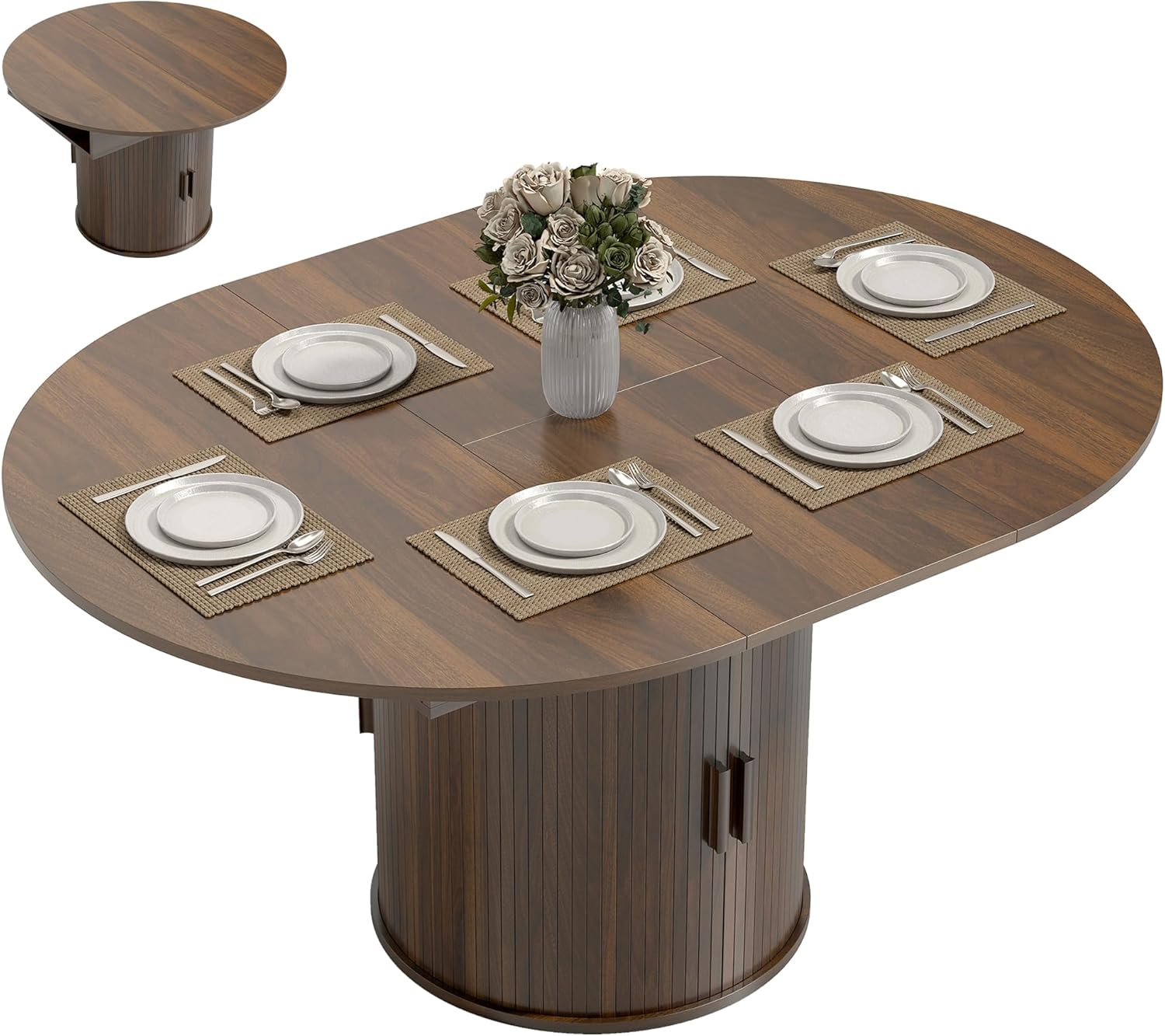 HOMCOM 43.3" to 59" Extendable Dining Table for 4-6, Farmhouse Round to Oval Kitchen Table with Storage, Fluted Sliding Doors and Pedestal Base for Small Spaces Kitchen Dining Room, Walnut