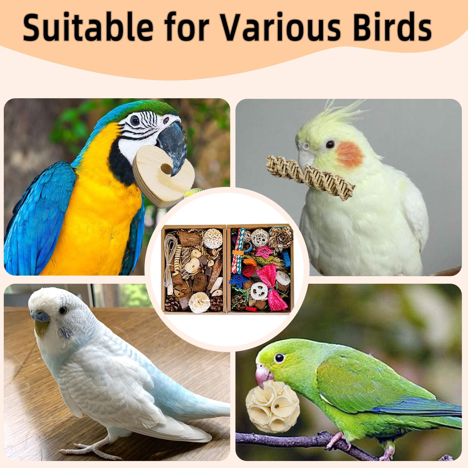 Vogelspielzeug, Vogelfutterbox, Papageienspielzeug, Vogelspielzeug für Sittiche mit Papierschublade, natürliche und bunte Vielfalt für Futtersuche und Kauspielzeug für Papageien, Sittiche,